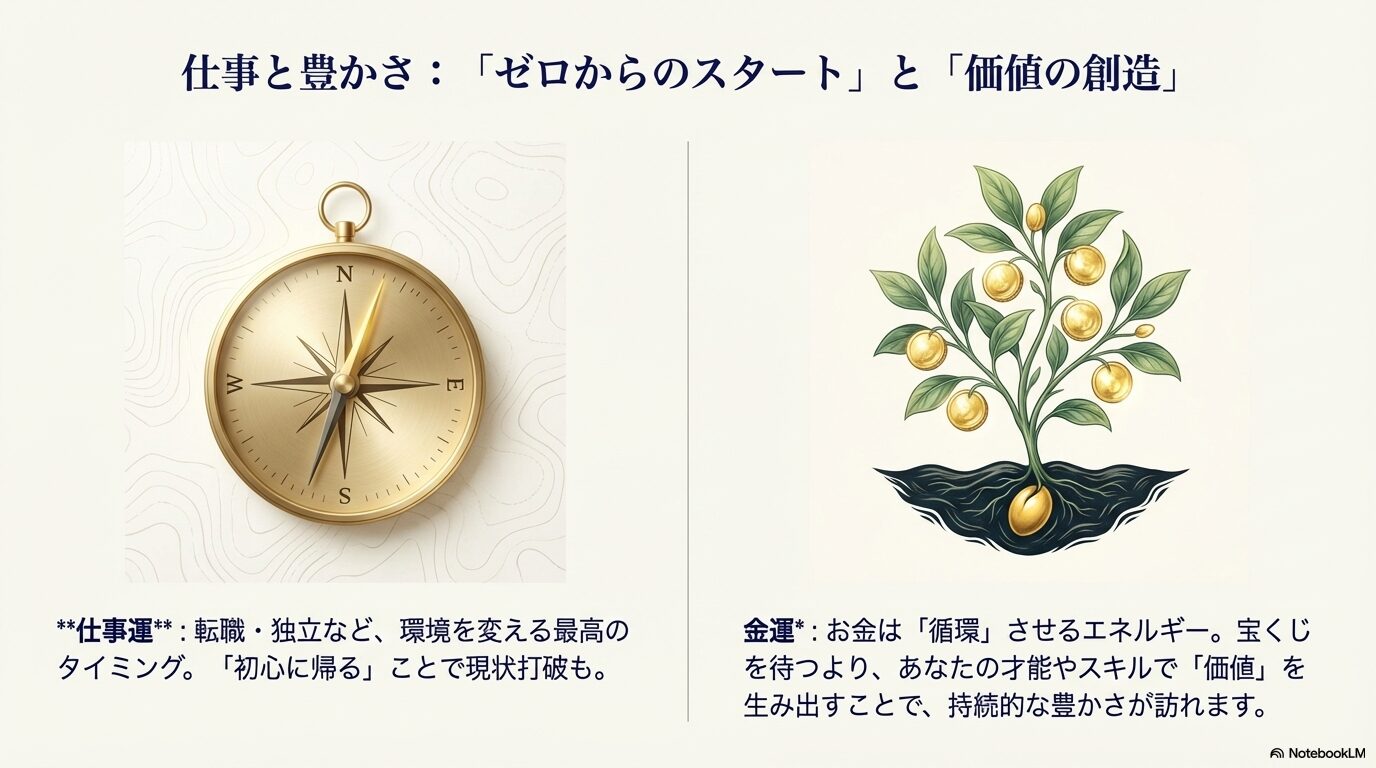 羅針盤と金貨の実る木のイラスト。仕事運におけるゼロからのスタートや転職の好機、金運における才能による価値創造と循環の重要性を解説しています。