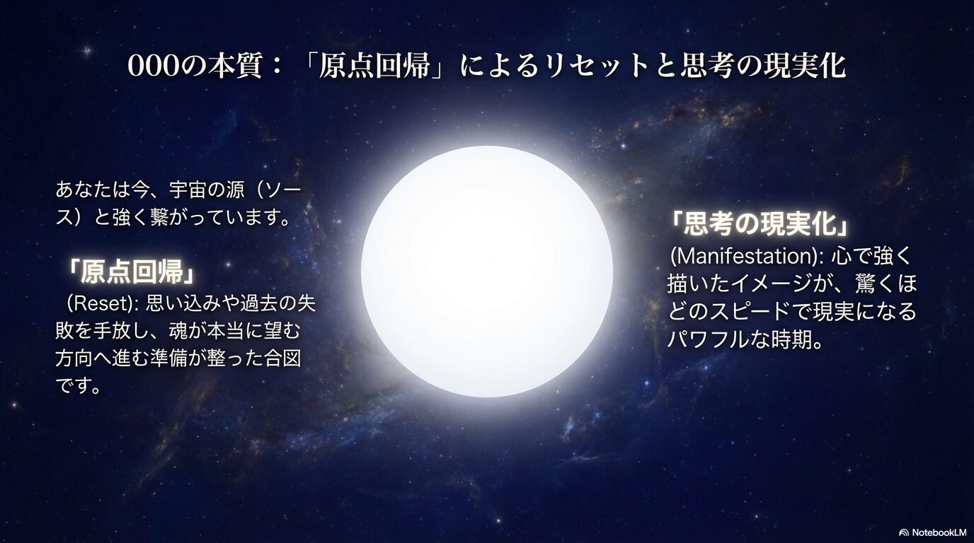 エンジェルナンバー000が示す「原点回帰(Reset)」と「思考の現実化(Manifestation)」の解説図。宇宙の源と繋がり、過去を手放して願いを叶える準備が整った状態を示しています。