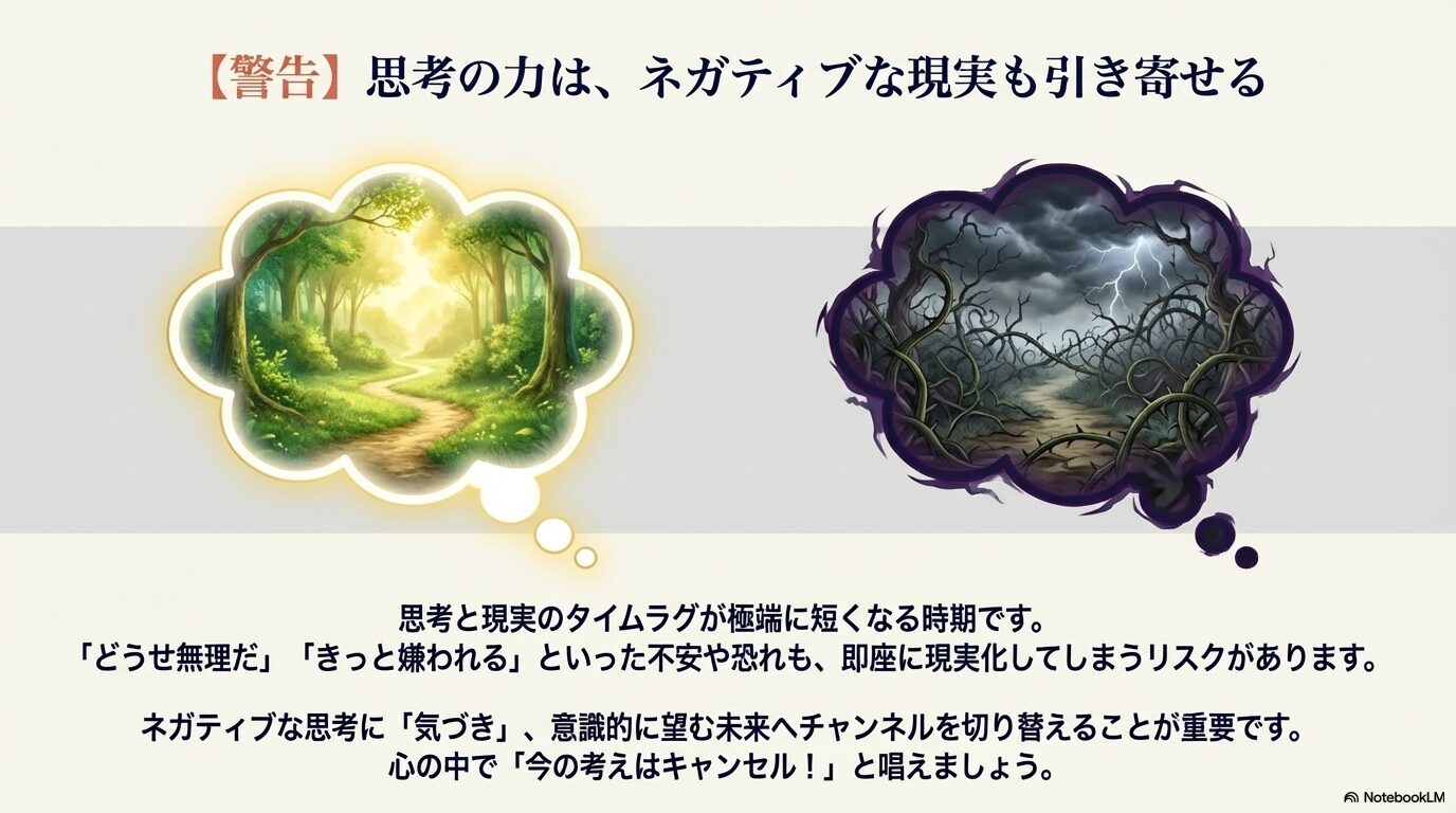 暗雲と茨の道のイラスト。思考と現実のタイムラグが短くなる時期における、不安や恐れの即時現実化リスクと、「キャンセル」と唱える対策法。