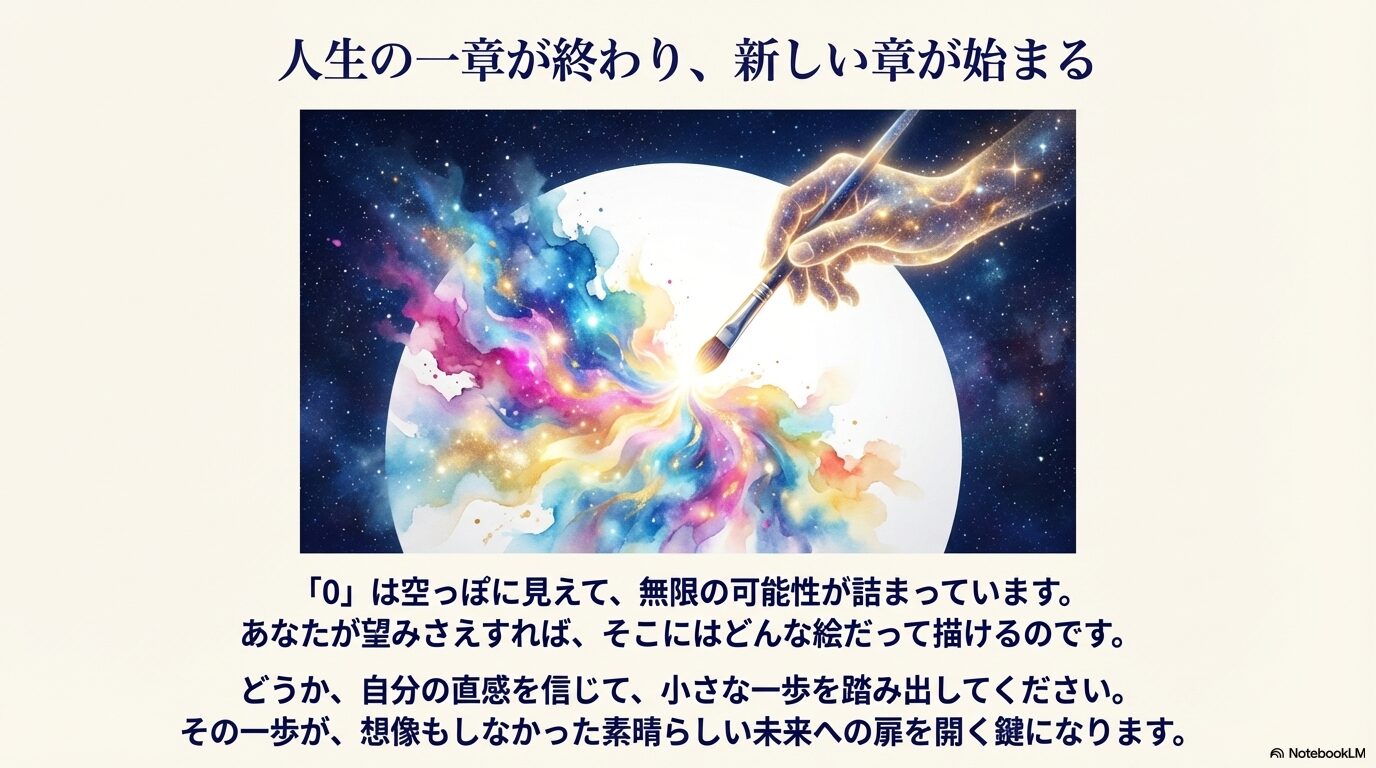 宇宙を描く手のイラスト。「0」は無限の可能性であり、直感を信じて一歩踏み出すことで素晴らしい未来が開けるというエンジェルナンバー000の最終メッセージ。