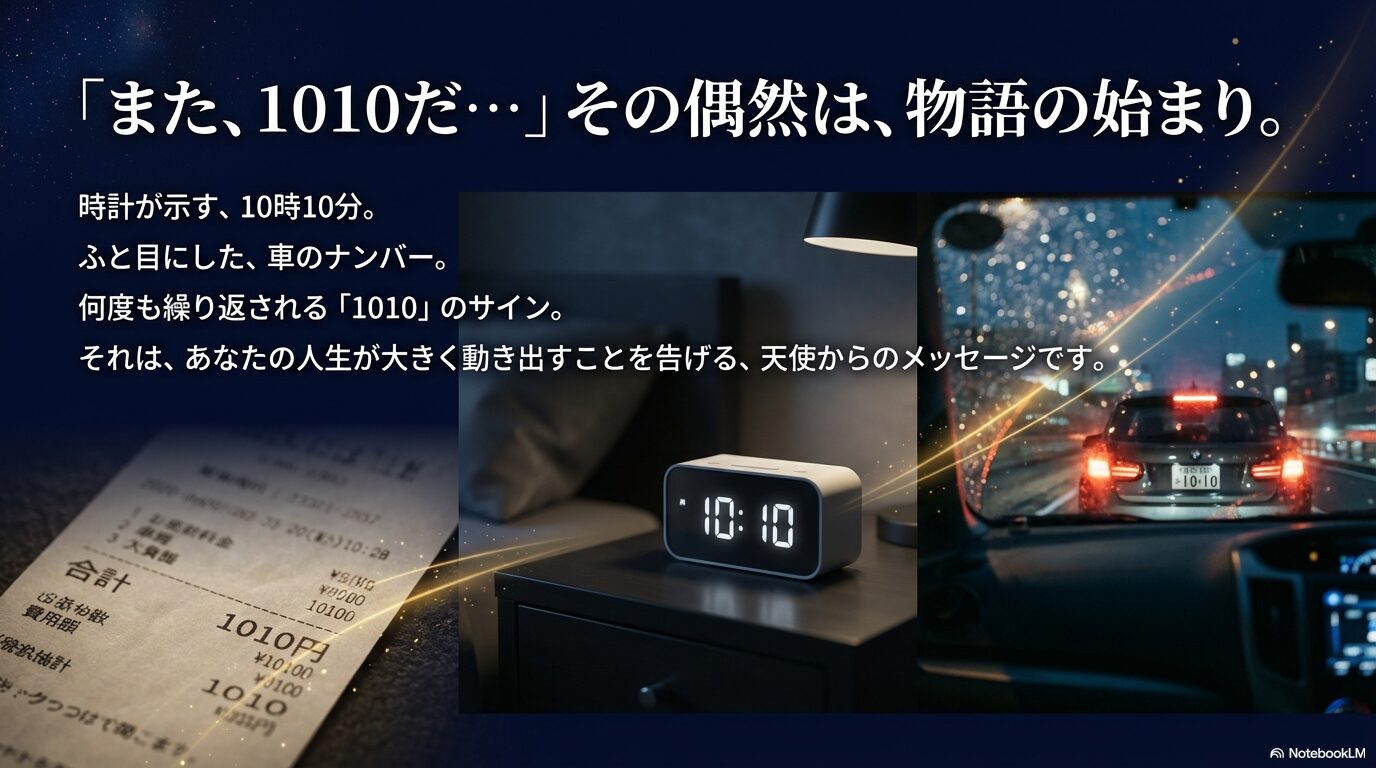 時計の10:10表示、1010円のレシート、車のナンバープレートなど、日常の中で目にする1010という数字のサイン。