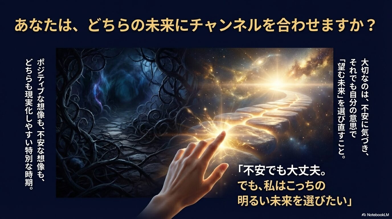 ポジティブな想像と不安な想像、どちらも現実化しやすい時期において、自分の意思で「明るい未来」を選び直す重要性を説くメッセージ。