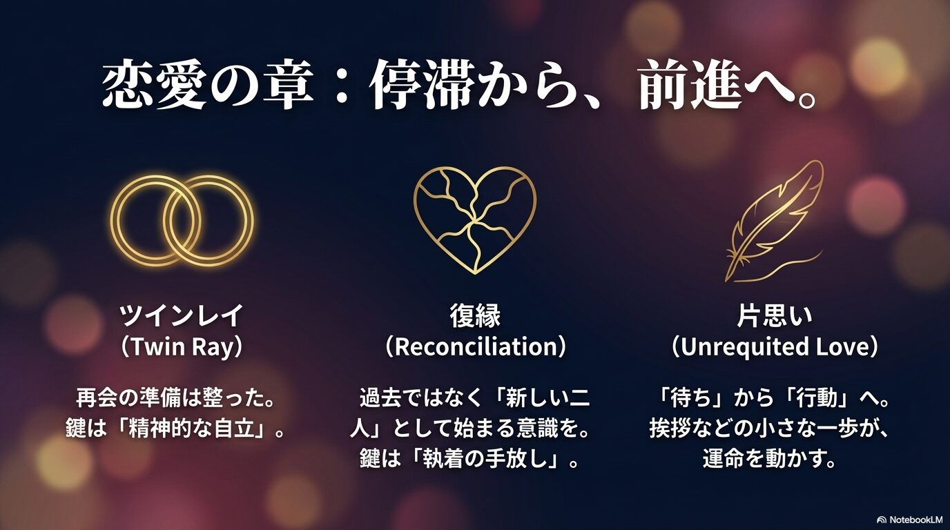 恋愛の章の概要。ツインレイは精神的自立、復縁は執着の手放し、片思いは行動への移行が鍵であることを示すアイコン。