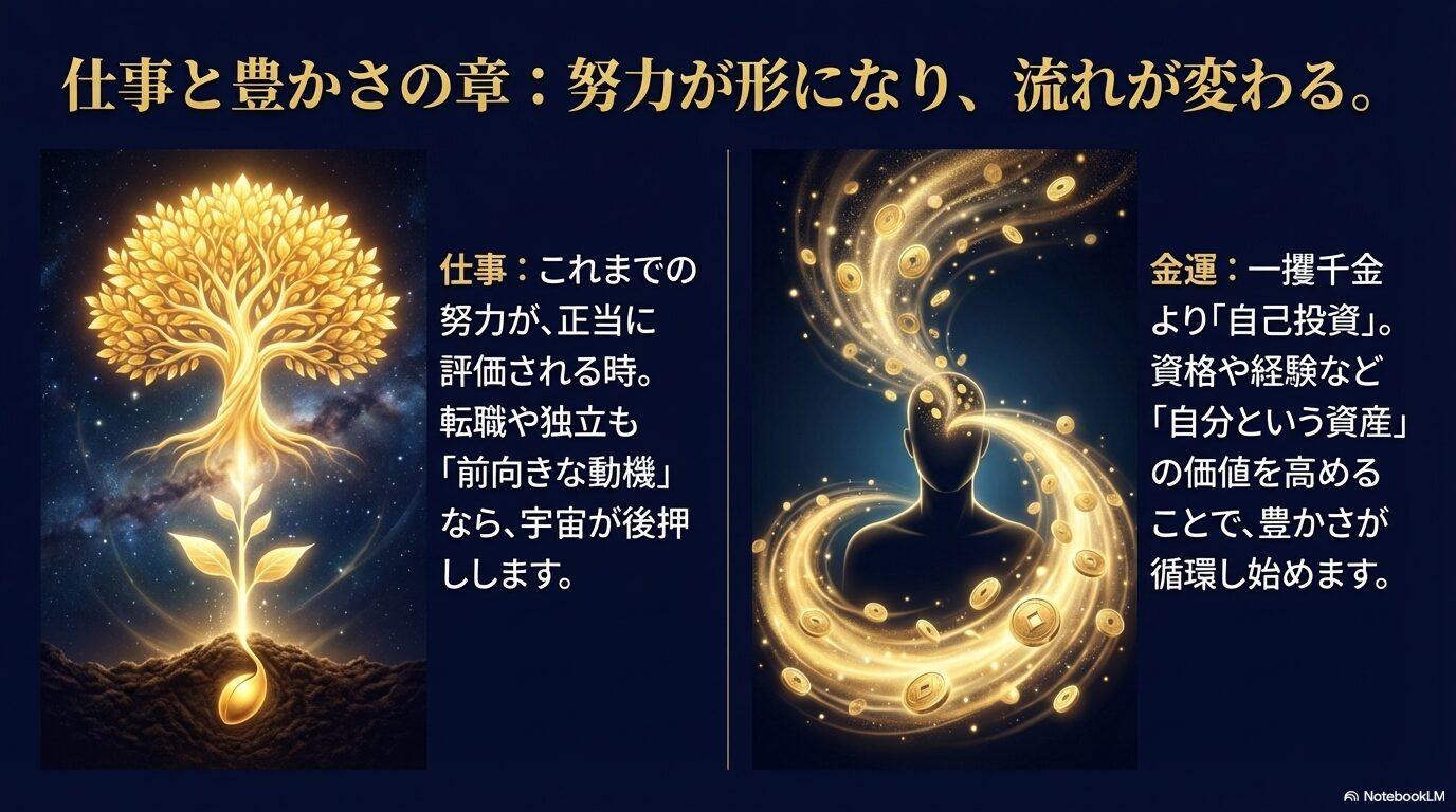 仕事と豊かさの章。努力が正当に評価される時期であり、金運は一攫千金よりも自己投資によって豊かさが循環することを示唆するイラスト。