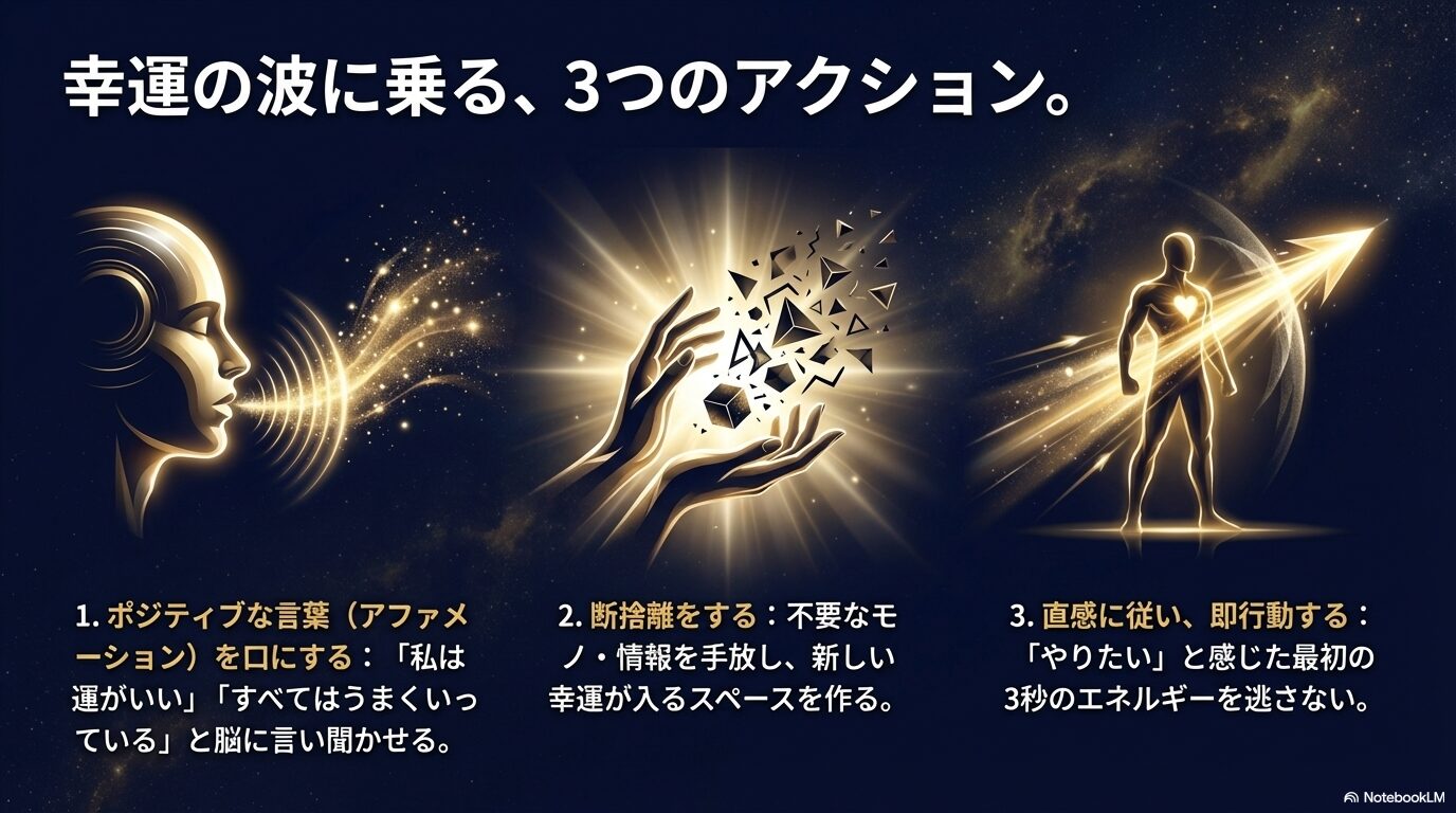 幸運の波に乗るための3つの行動。ポジティブな言葉を使うこと、断捨離をすること、直感に従い即行動することのリスト。