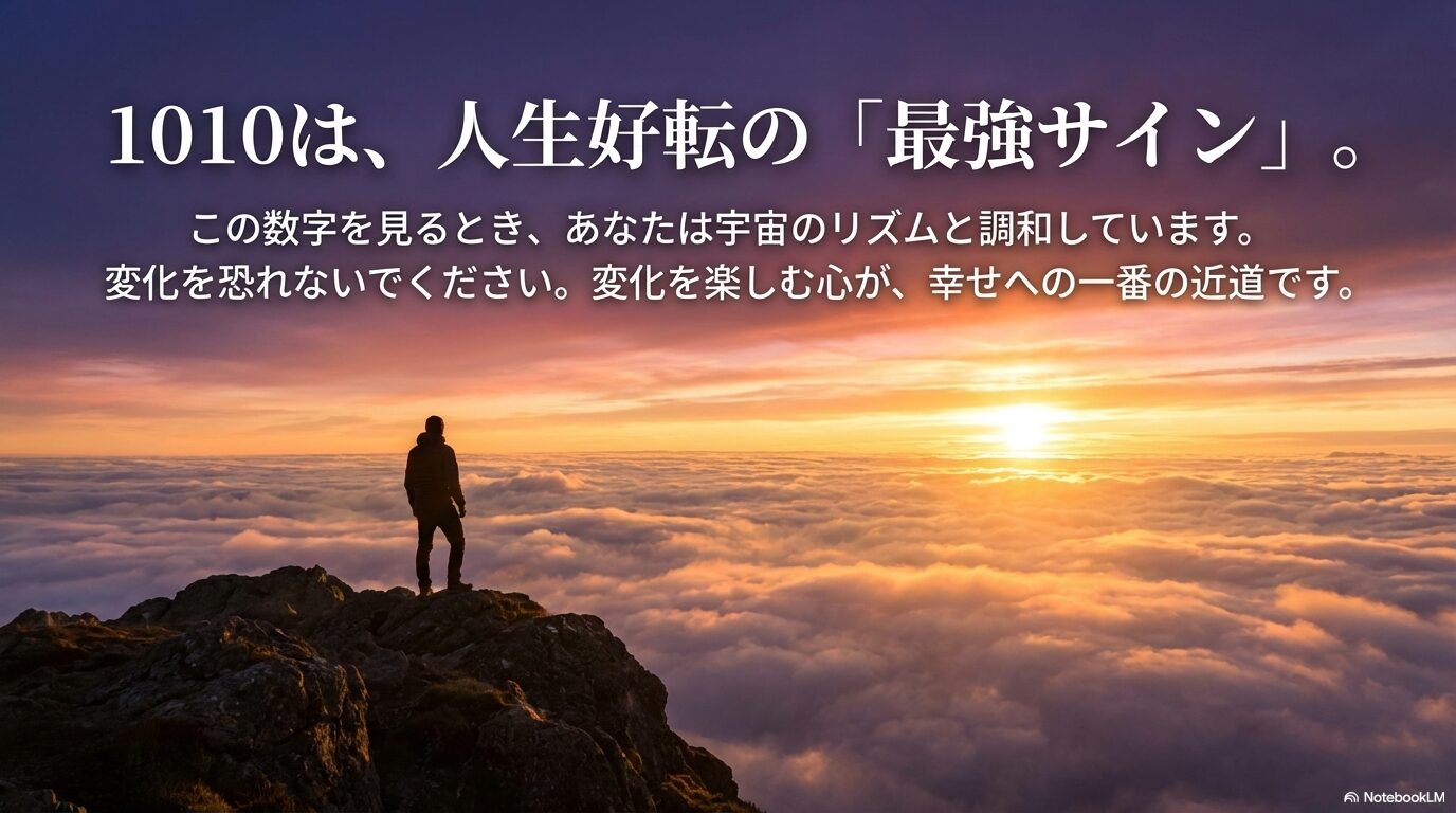 1010は人生好転の最強サインであり、宇宙のリズムと調和している証拠。変化を楽しむことの大切さを伝えるメッセージ。
