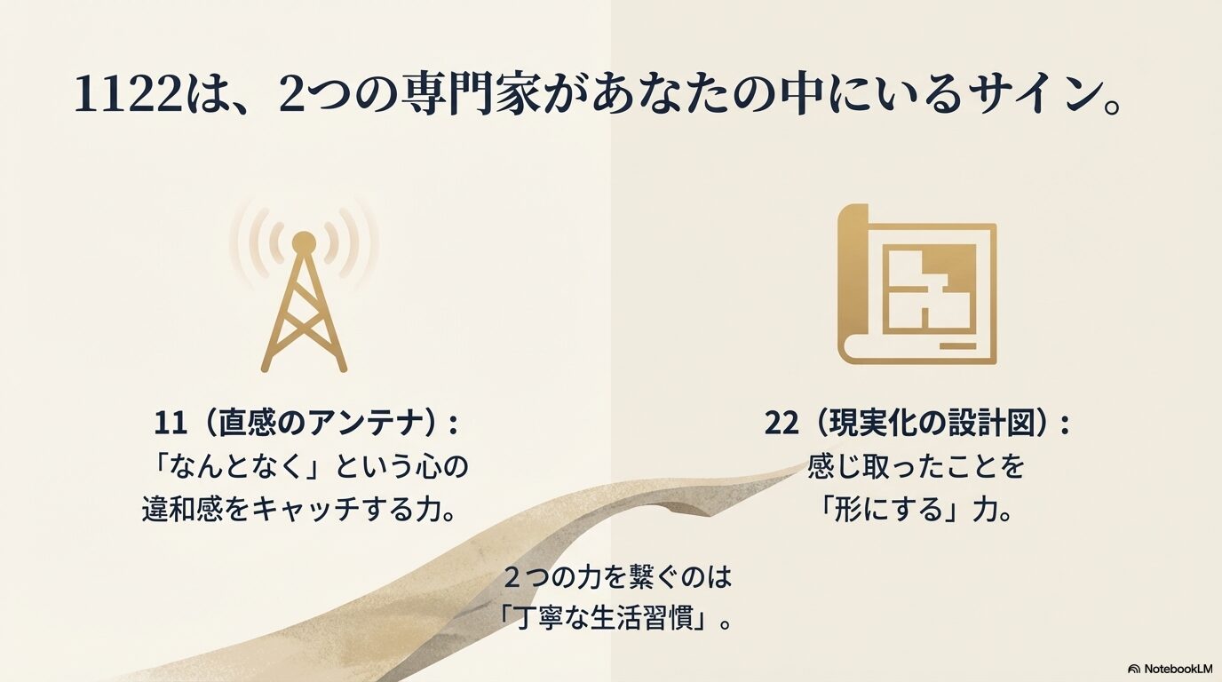 11は直感のアンテナ、22は現実化の設計図で丁寧な生活習慣が両者を繋ぐと示すスライド