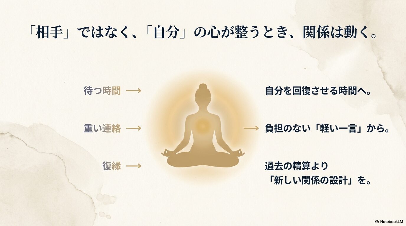 待つ時間は自分を回復させる時間へ、重い連絡は軽い一言から、復縁は新しい関係の設計へと示すスライド