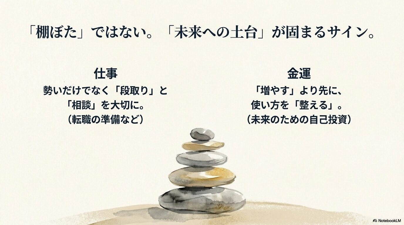 仕事は勢いより段取りと相談、金運は増やすより使い方を整えると示すスライド