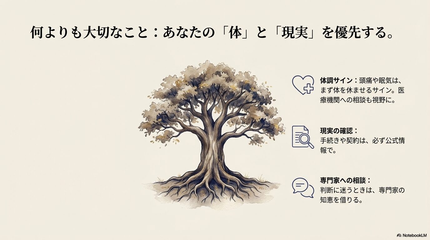 頭痛や眠気は休養や相談を優先し手続きや契約は公式情報で確認し迷うときは専門家に相談すると示すスライド