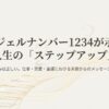 エンジェルナンバー1234のスライド表紙。「人生のステップアップ」という文字と、スマホの時計や車のナンバーのイメージ画像。天使からのメッセージを読み解く記事の導入。