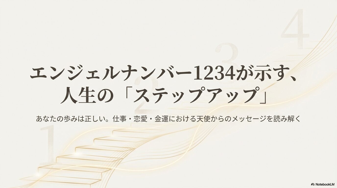 エンジェルナンバー1234のスライド表紙。「人生のステップアップ」という文字と、スマホの時計や車のナンバーのイメージ画像。天使からのメッセージを読み解く記事の導入。