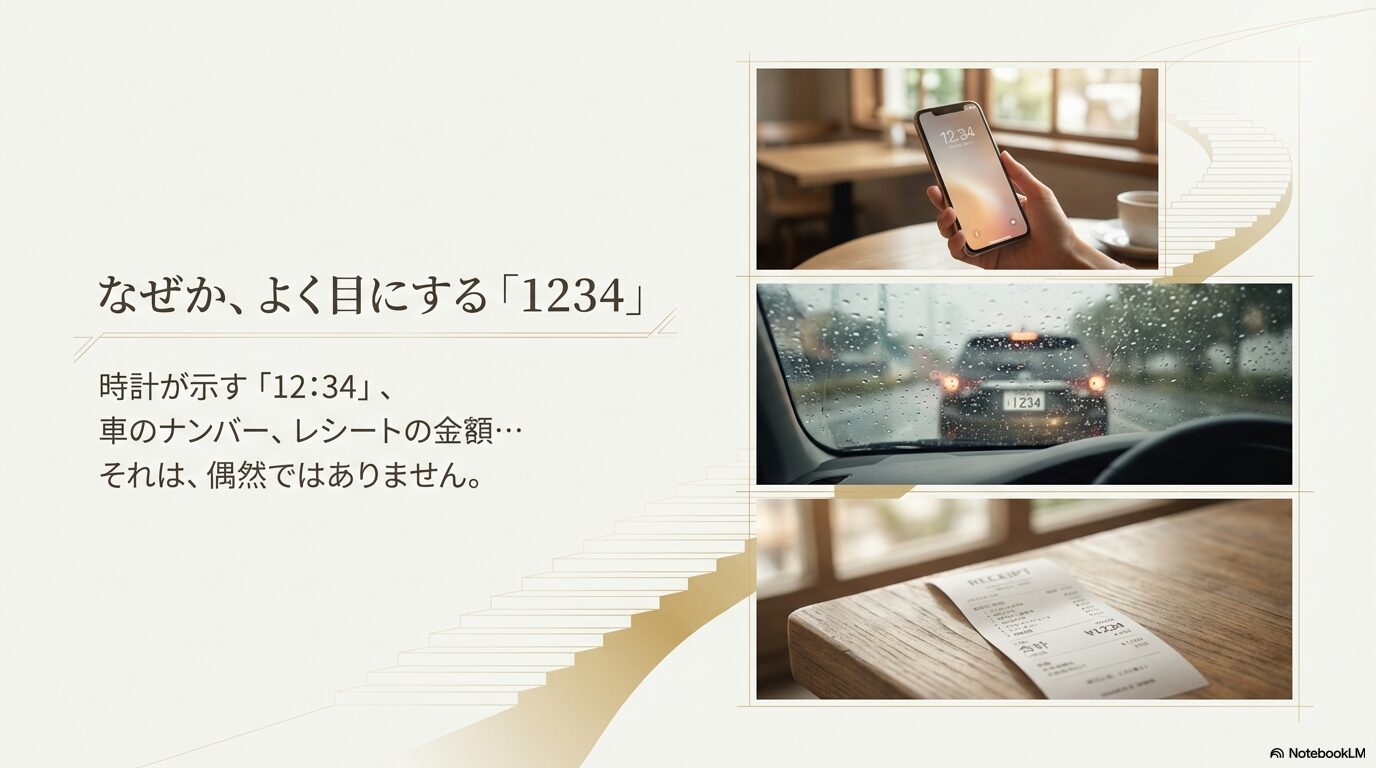 数秘術における1（始まり）、2（調和）、3（発展）、4（安定）の意味を図解したスライド。1234が示す「順調なステップアップ」の根拠となる数字の解説。