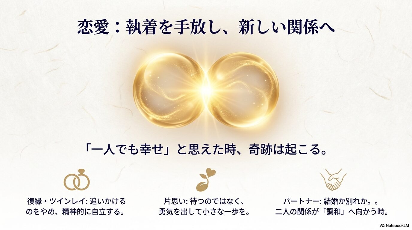 恋愛における執着の手放し、復縁やツインレイとの自立、片思いの行動指針をまとめたチャート
