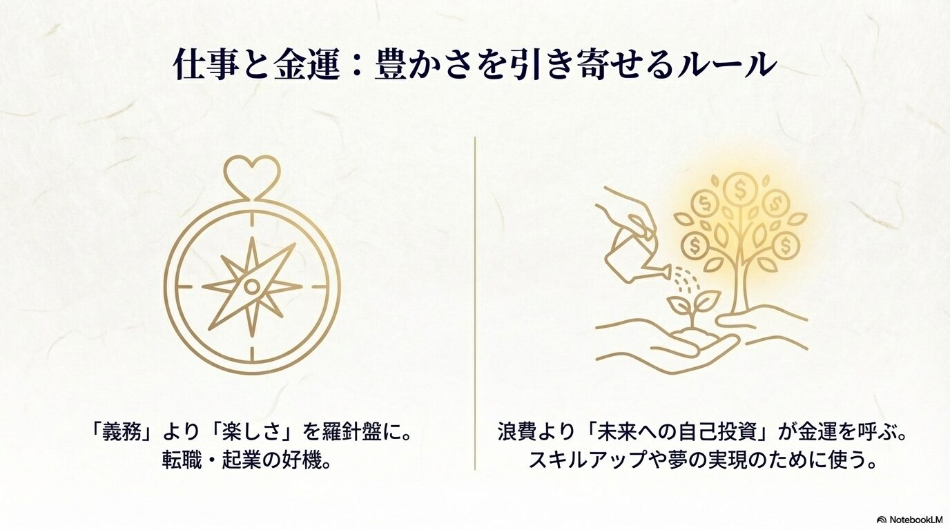 義務より楽しさを選ぶ仕事の姿勢と、浪費ではなく未来への自己投資を推奨する金運のイラスト