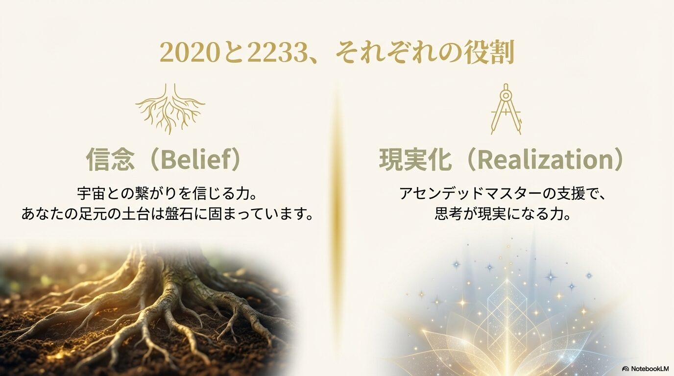 2020の信念と2233の現実化を表す根と木のイラスト図解
