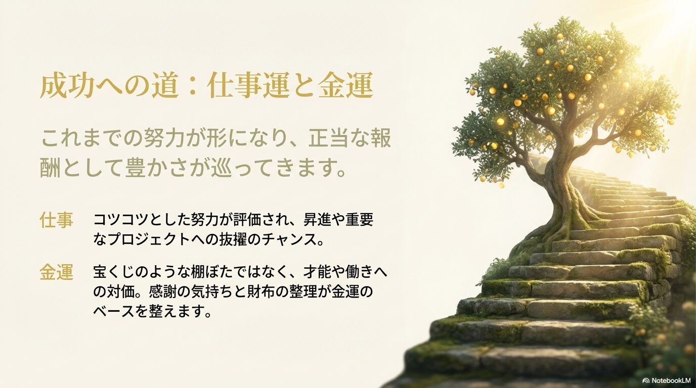 仕事での昇進と才能への対価としての金運アップを示す解説スライド
