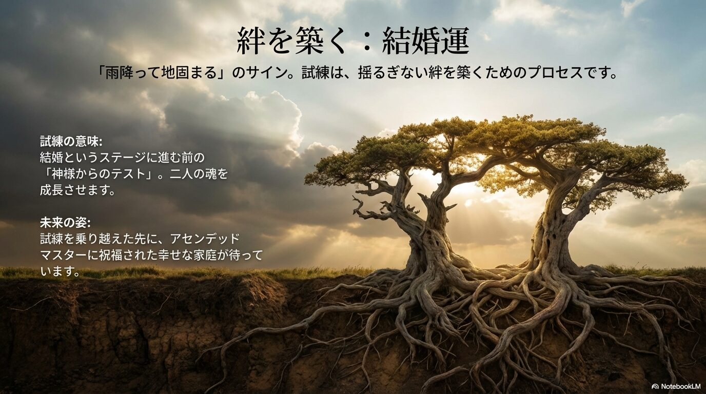 試練を乗り越え幸せな家庭を築く結婚運を示すスライド