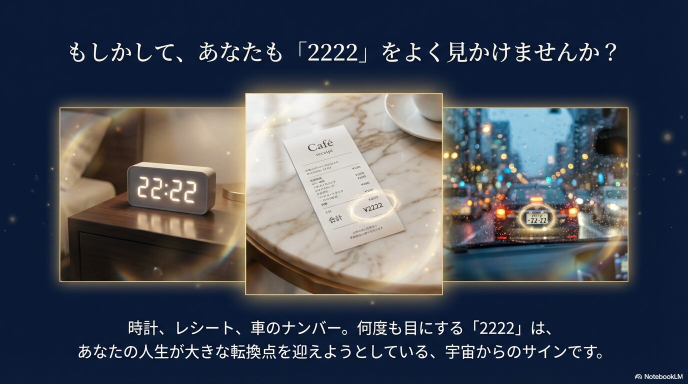 デジタル時計の22:22とレシートの合計金額2222円が表示されているイメージイラスト