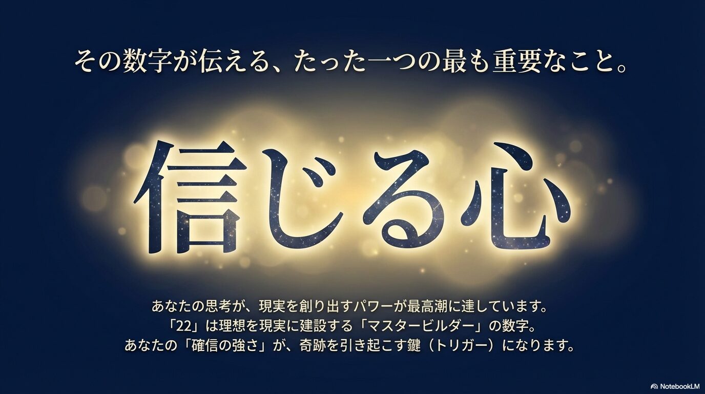 宇宙的な背景に浮かび上がる「信じる心」という文字とマスタービルダーの解説