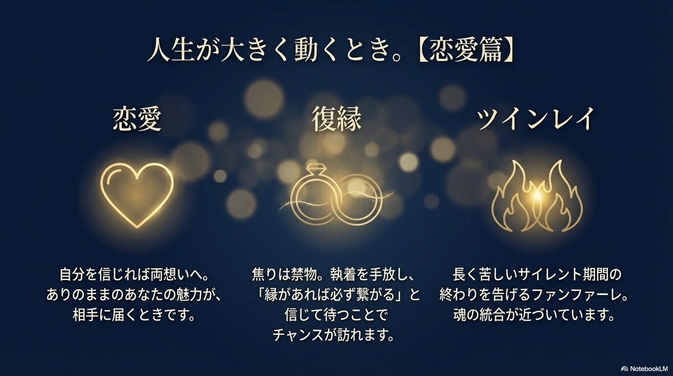 燃え上がる炎のようなハートのマークと、恋愛成就・ツインレイ統合のメッセージ