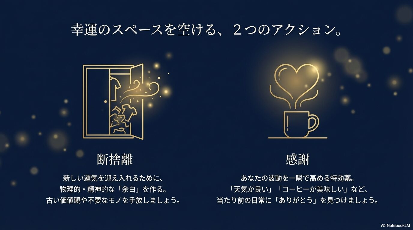 整理されたクローゼットと、温かいコーヒーから日常の感謝を感じるイメージ