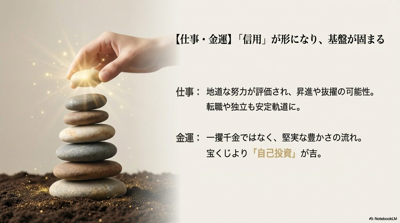 仕事での評価と金運における堅実な豊かさを示す444