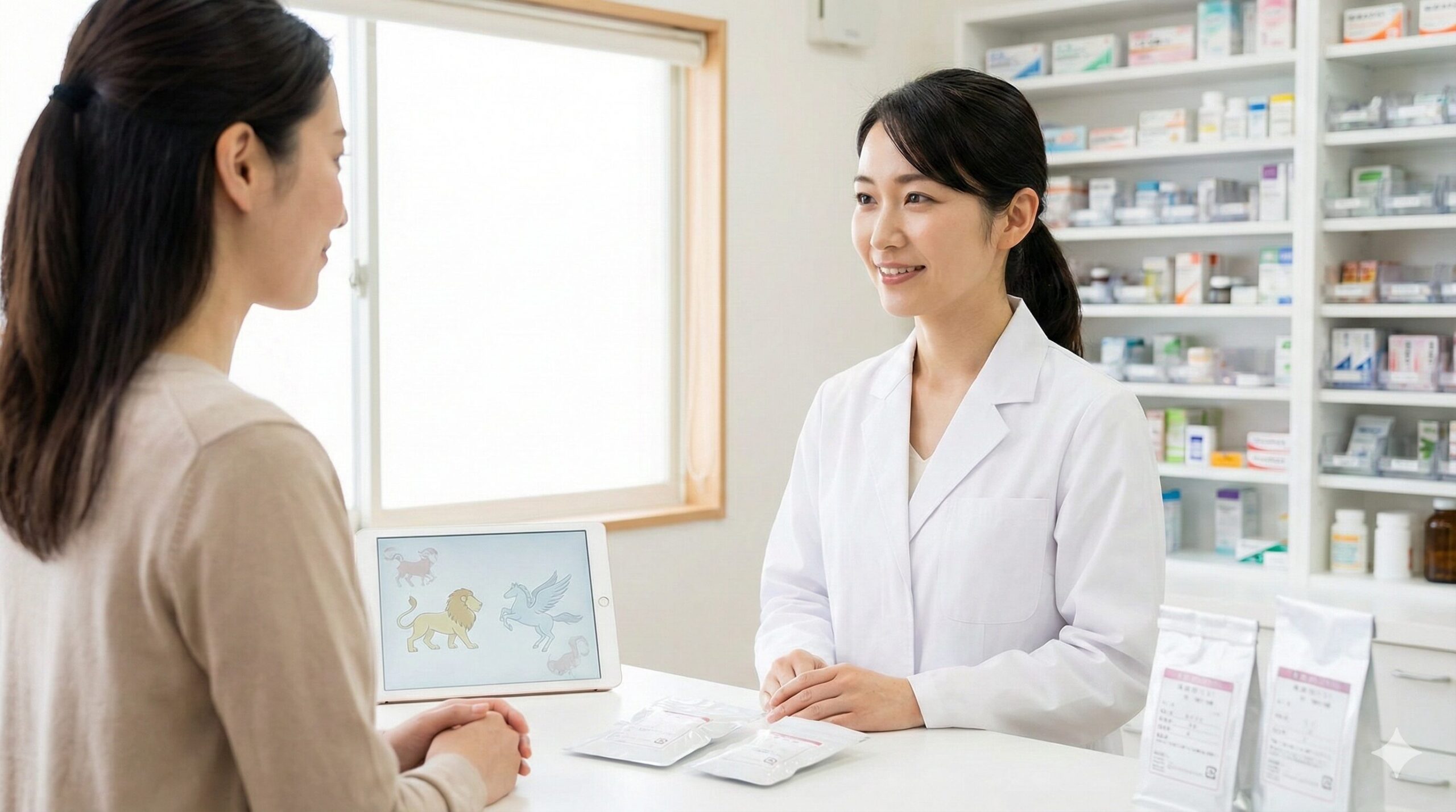 薬局のカウンターで笑顔で患者と話す女性薬剤師。タブレットには動物占いのイラストが表示されており、医療現場での日常的な会話の様子。