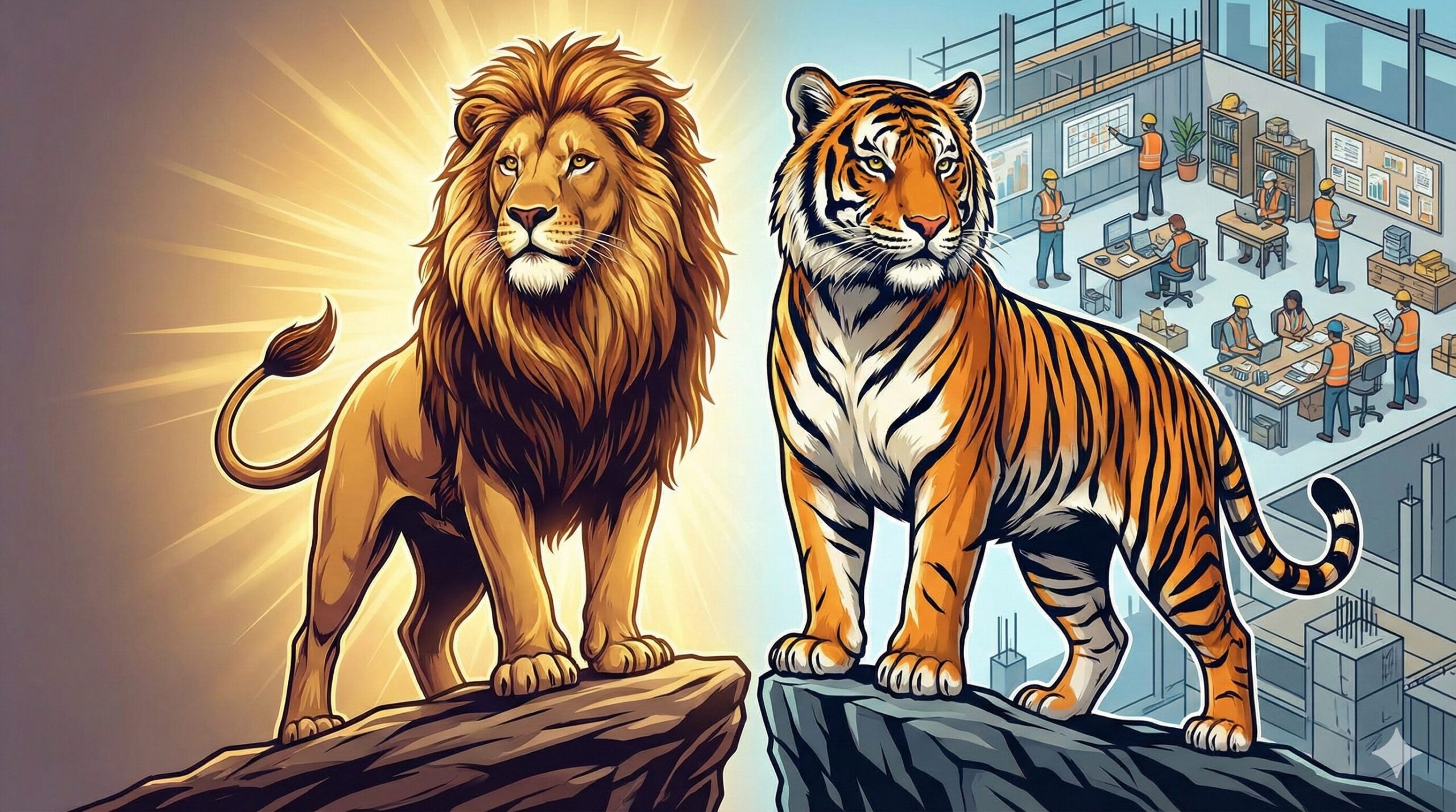 動物占いで最強とされるライオンと虎のイラスト。ライオンはカリスマ性を、虎は現場の責任感を象徴する背景と共に描かれている。
