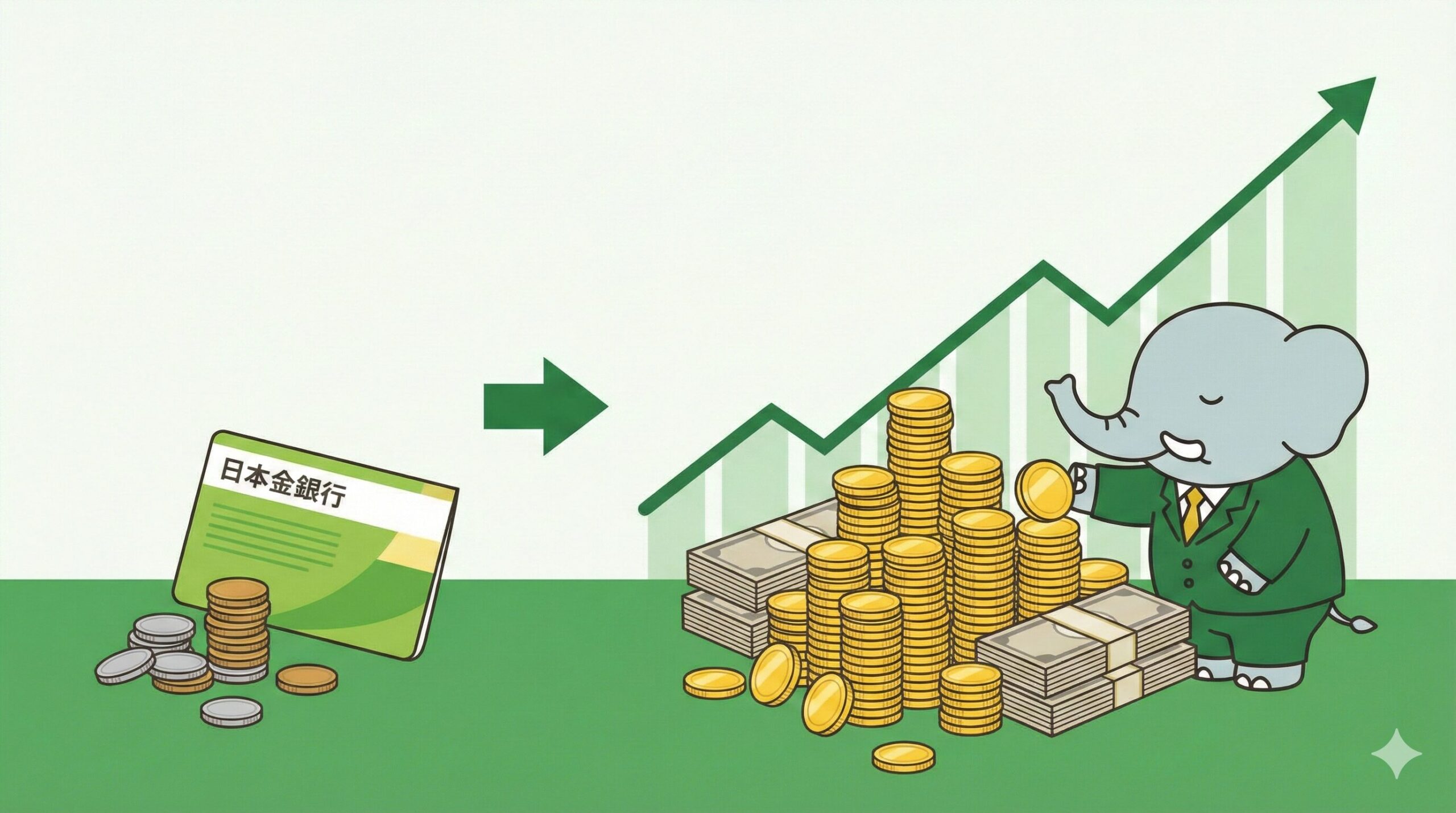 コツコツとした貯蓄と複利効果による資産形成を示すインフォグラフィック。通帳と小銭から始まり、ゾウのキャラクターが大きな財産を築く様子。