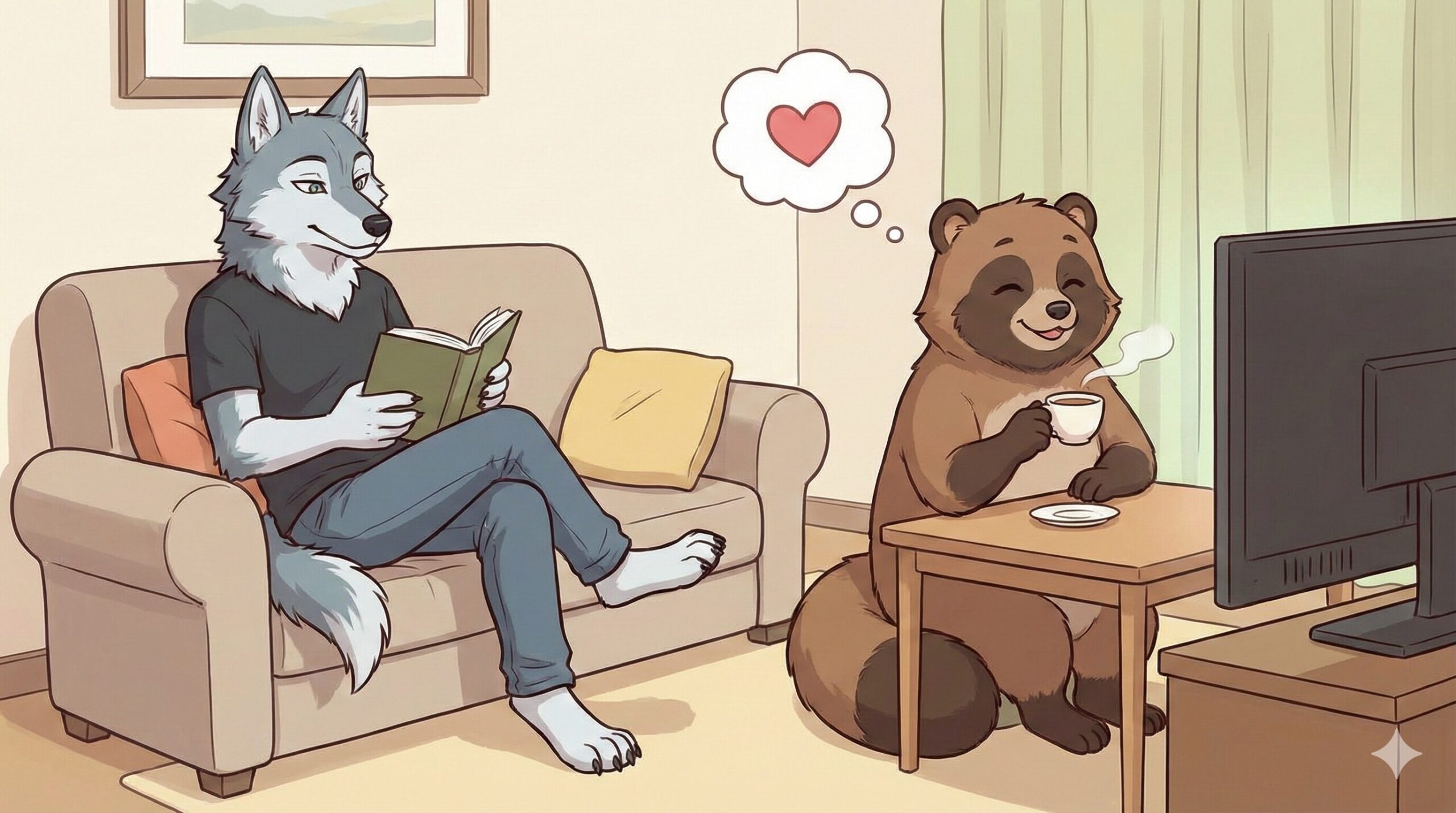 動物占いで相性抜群とされる狼とたぬきのカップルのイラスト。一人の時間を楽しむ狼と、それを笑顔で見守るたぬきの穏やかな日常風景。