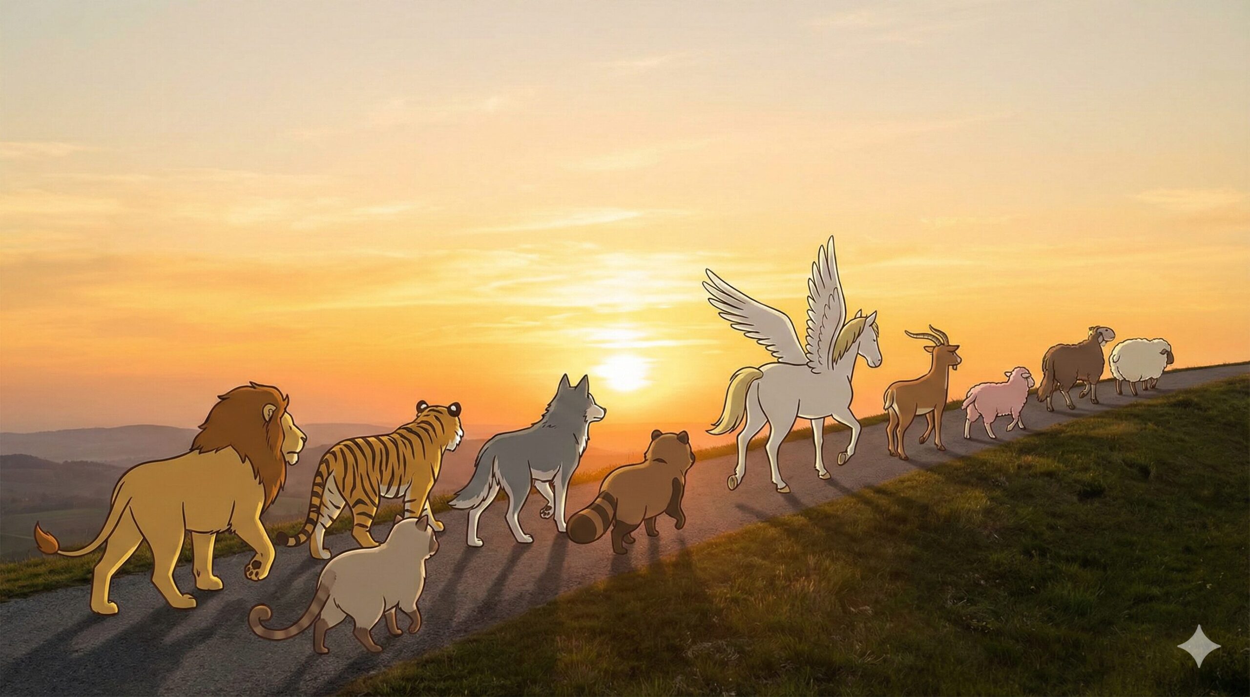 夜明けの太陽に向かって、多様な動物キャラクターたちがそれぞれのペースで丘を歩んでいく後ろ姿。希望に満ちた未来と個性の尊重を象徴する風景。