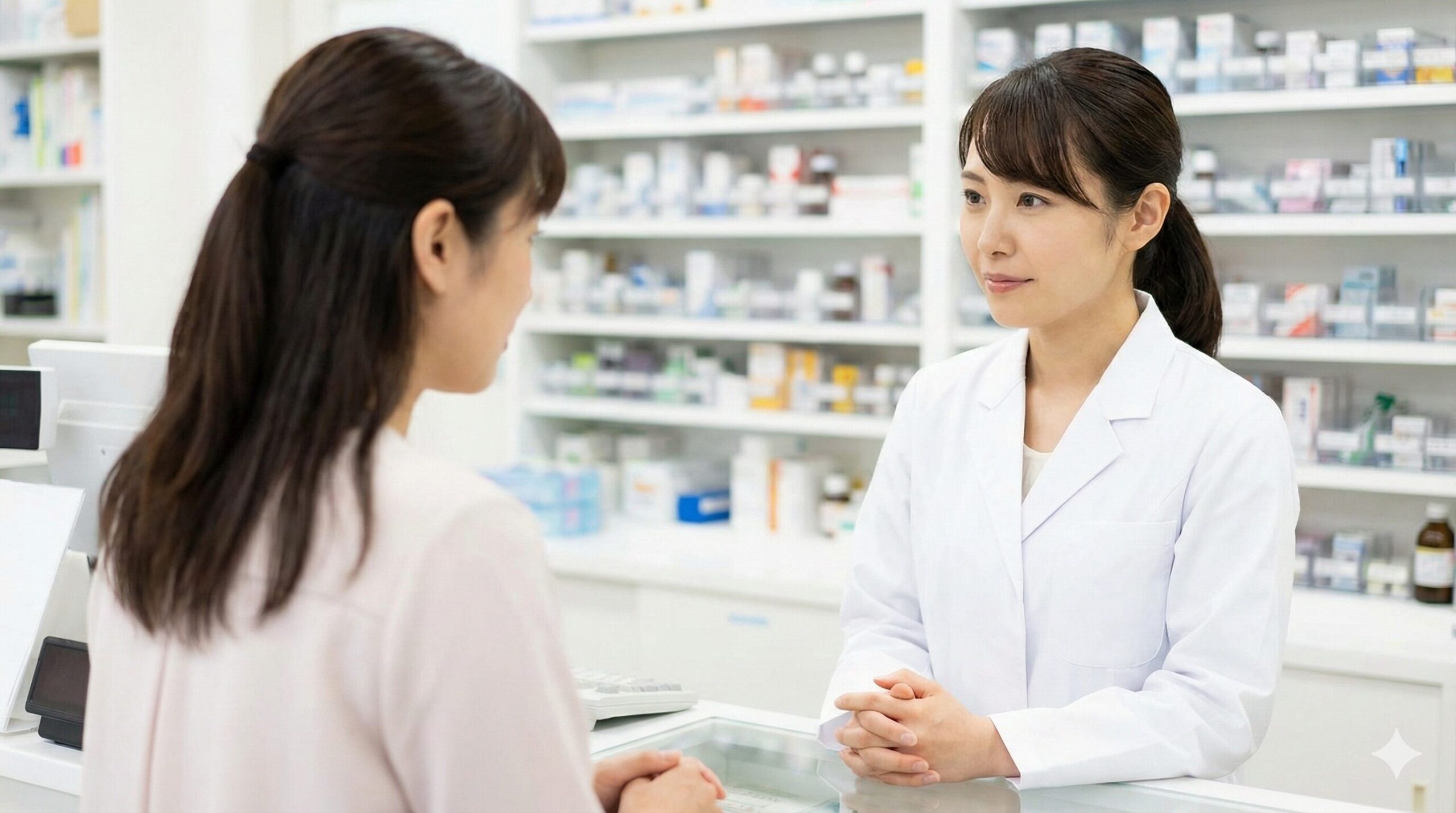 日本の薬局のカウンターで、女性薬剤師が患者の話を親身になって聞いている様子。
