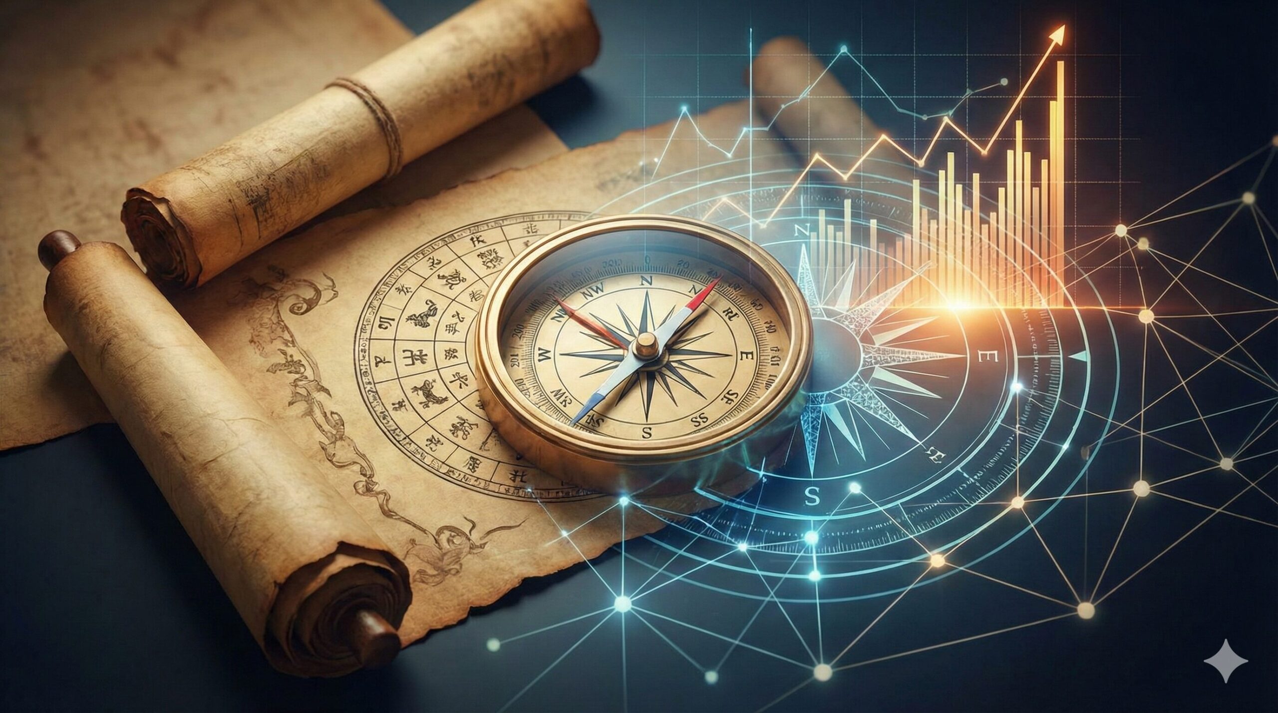 古代の四柱推命を示す巻物や羅針盤と、現代の統計学を示すデータグラフやネットワークが融合した抽象的なイメージ図。