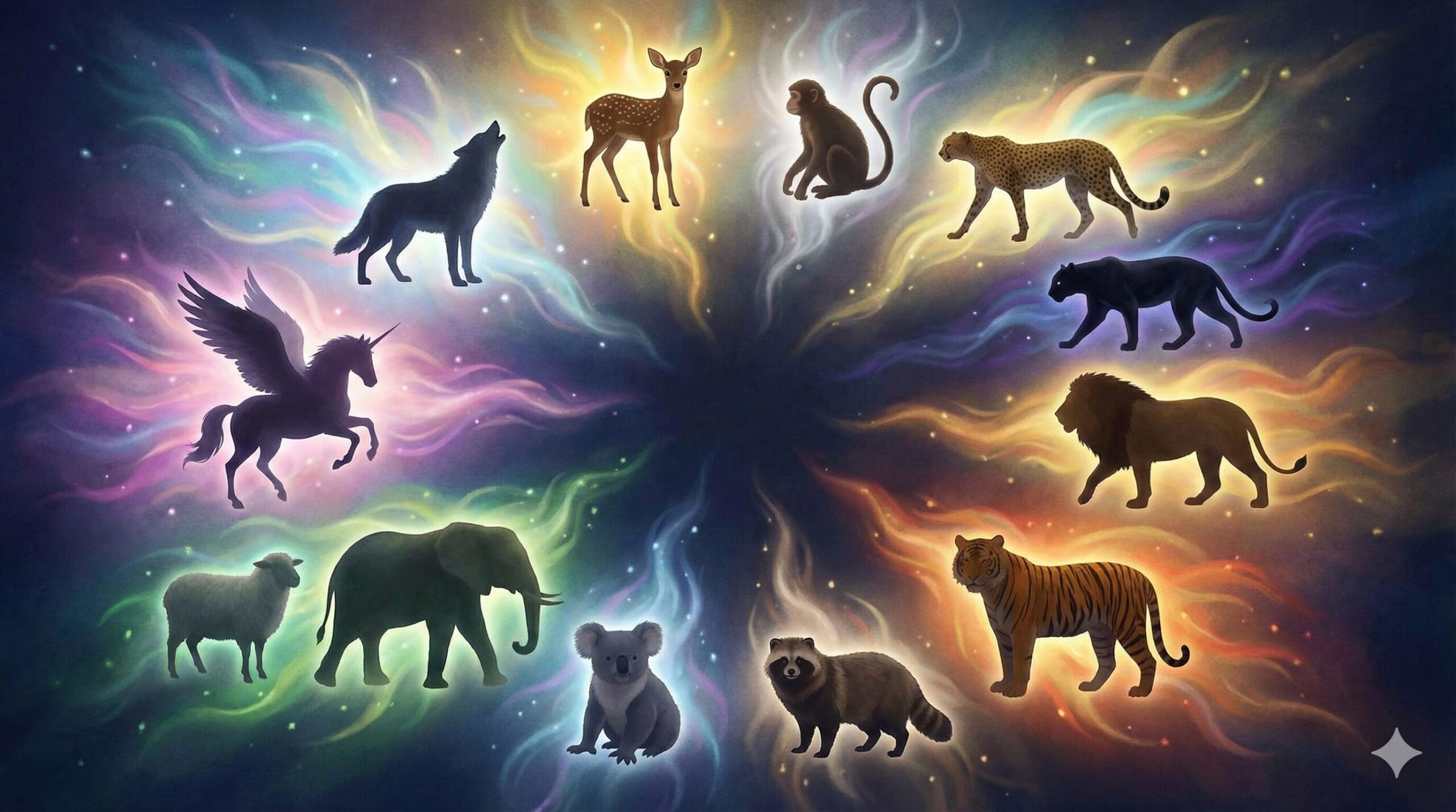 動物占いの12キャラクター（狼、こじか、猿、チータ、黒ひょう、ライオン、虎、たぬき、子守熊、ゾウ、ひつじ、ペガサス）が、それぞれの深層心理を表す幻想的なオーラをまとって円形に配置されたイラスト