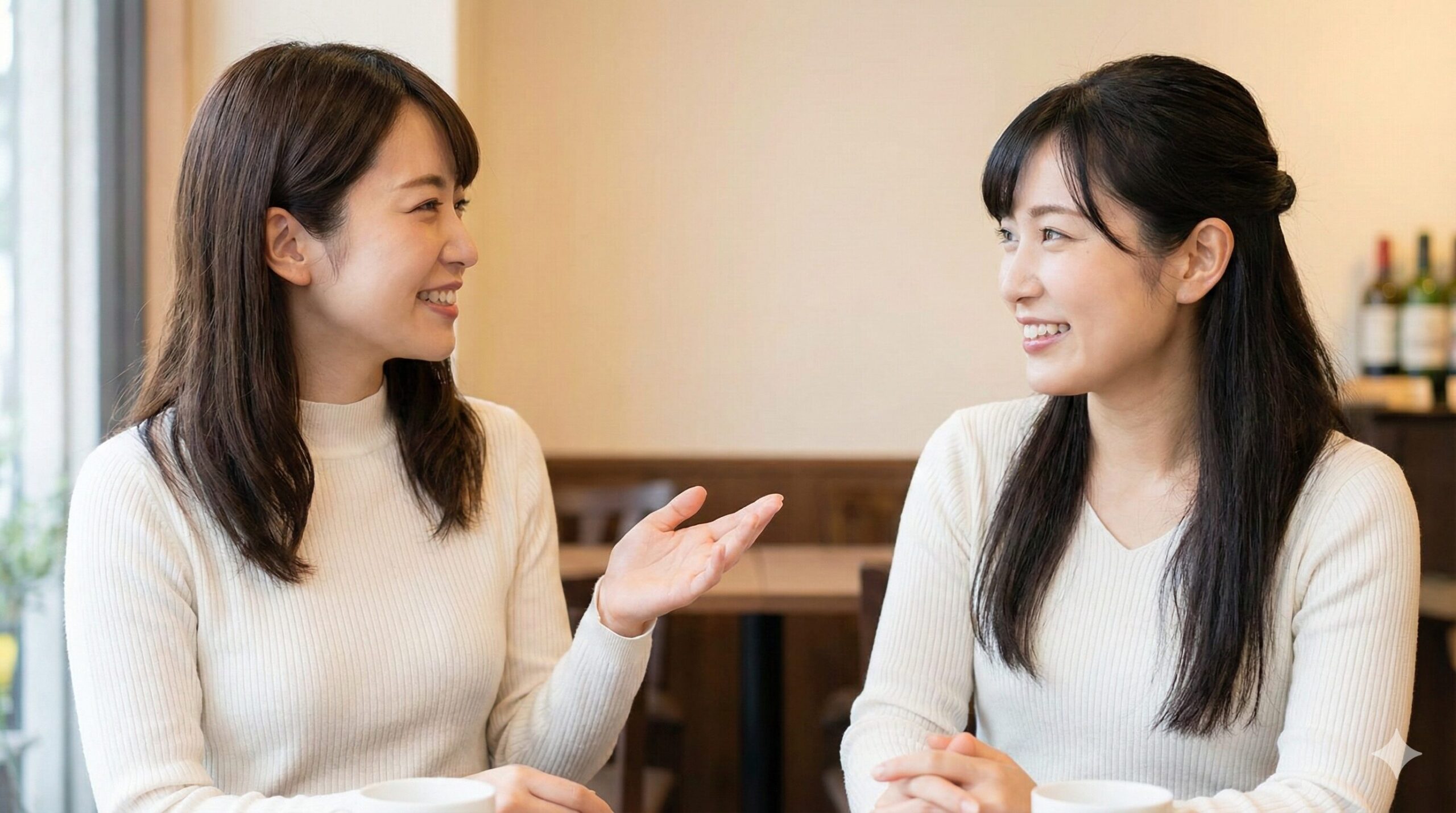 カフェで異なるタイプの二人の日本人女性が、お互いの違いを受け入れ、笑顔で穏やかに会話を楽しんでいる心温まるシーン。