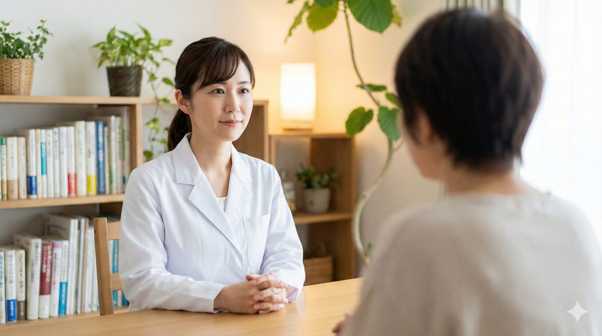 落ち着いた相談室でクライアントの話を親身に聞く専門家の様子