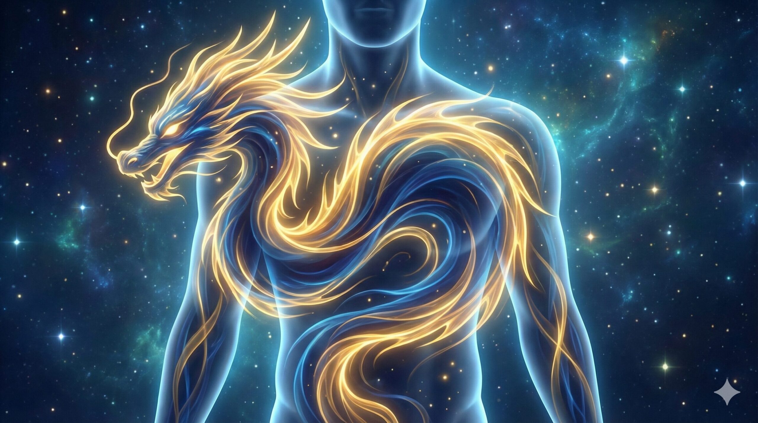 人間の内側を流れる強力なエネルギーと龍のシルエットのイメージ図