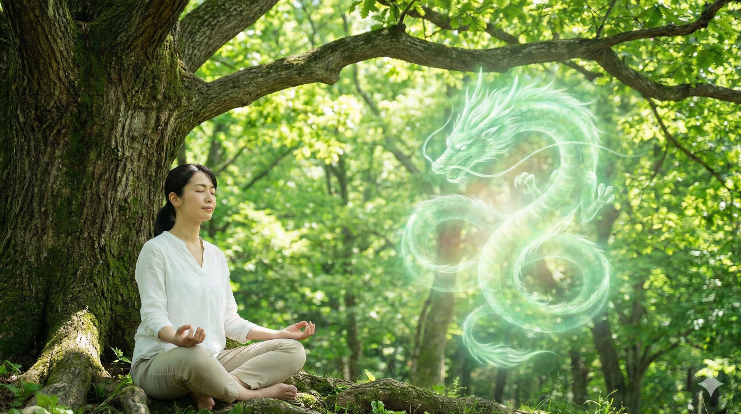 自然豊かな森の中で瞑想する女性と癒しのエネルギーを放つ緑色の龍