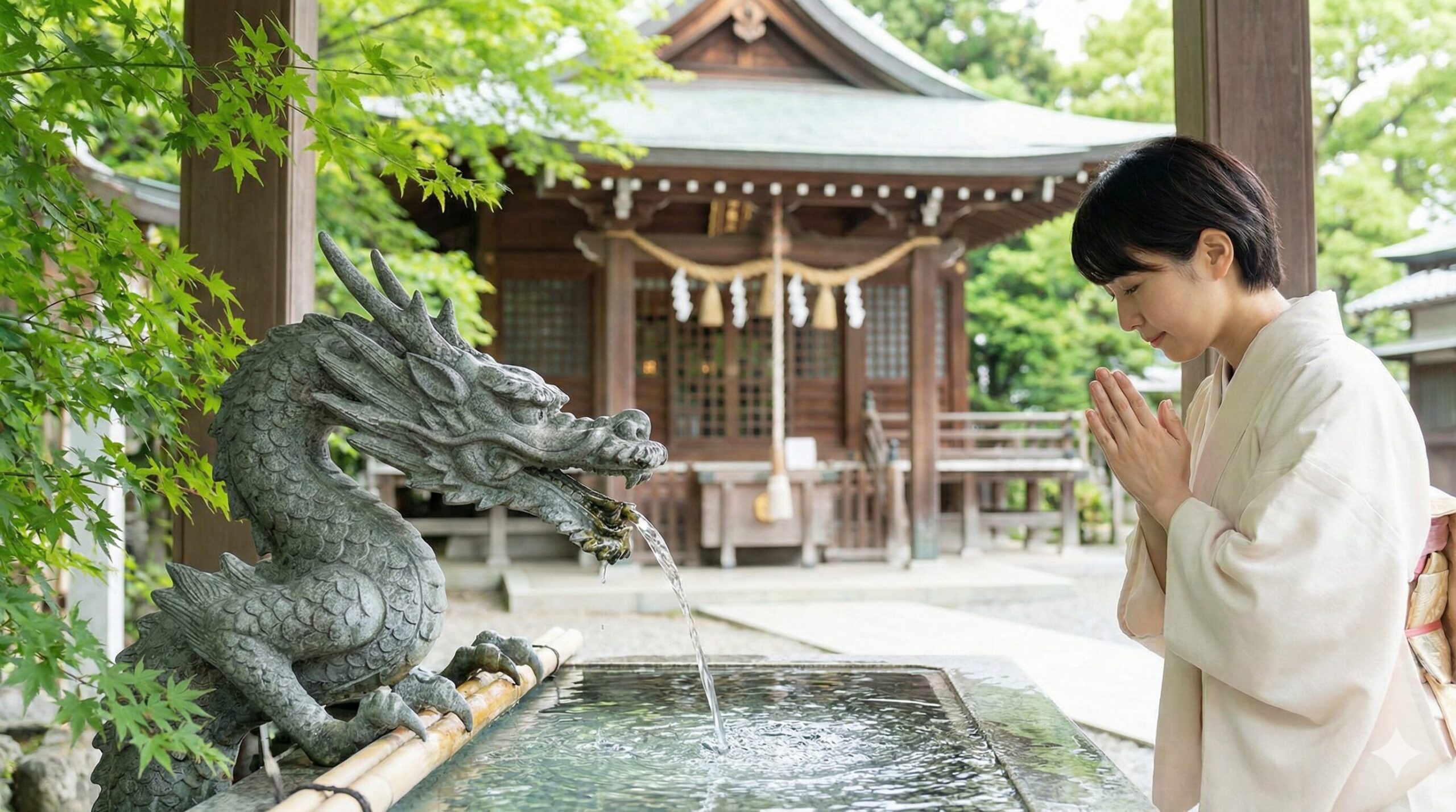 龍神を祀る神社の境内で静かに手を合わせる参拝者の様子