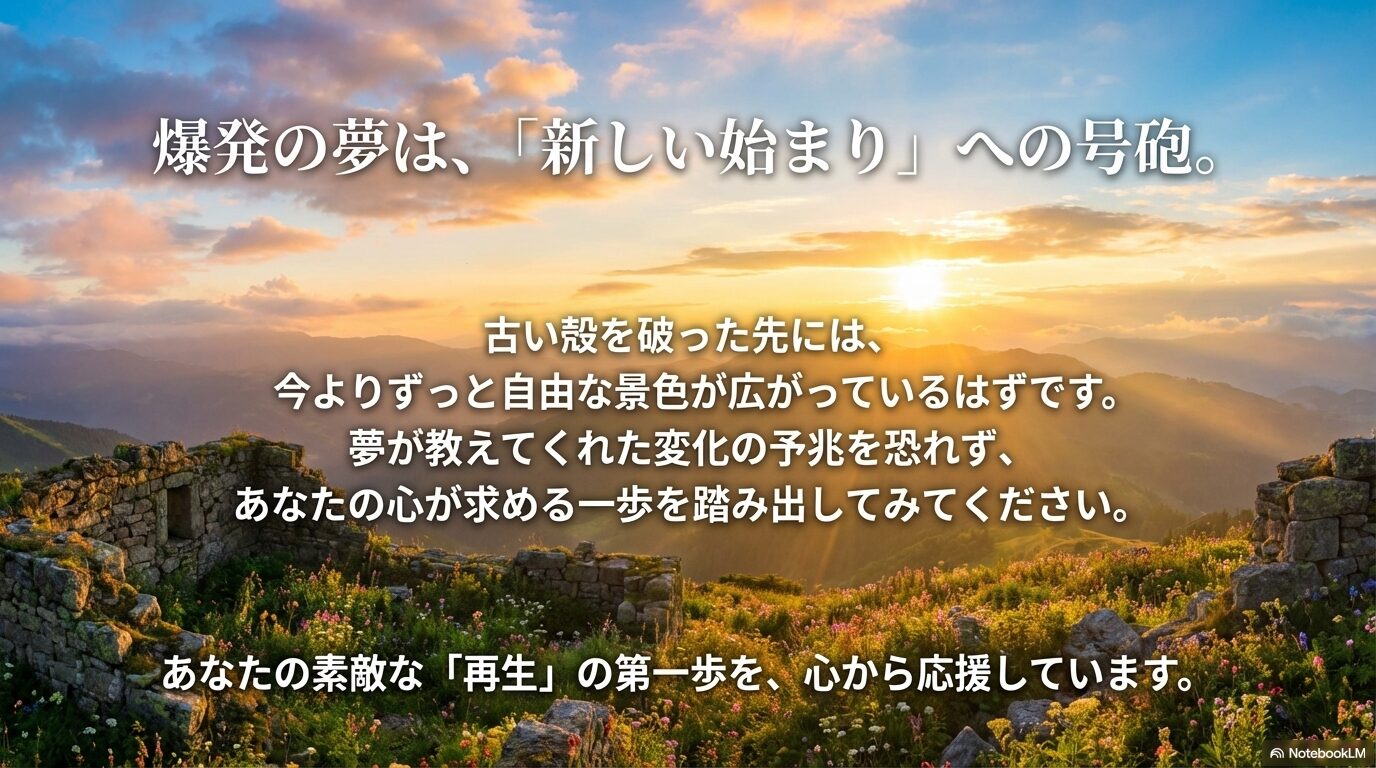 爆発の夢は「新しい始まり」への号砲であり、変化を恐れずに一歩踏み出すことで自由な景色が広がることを伝える、読者への応援メッセージが書かれたスライド画像。