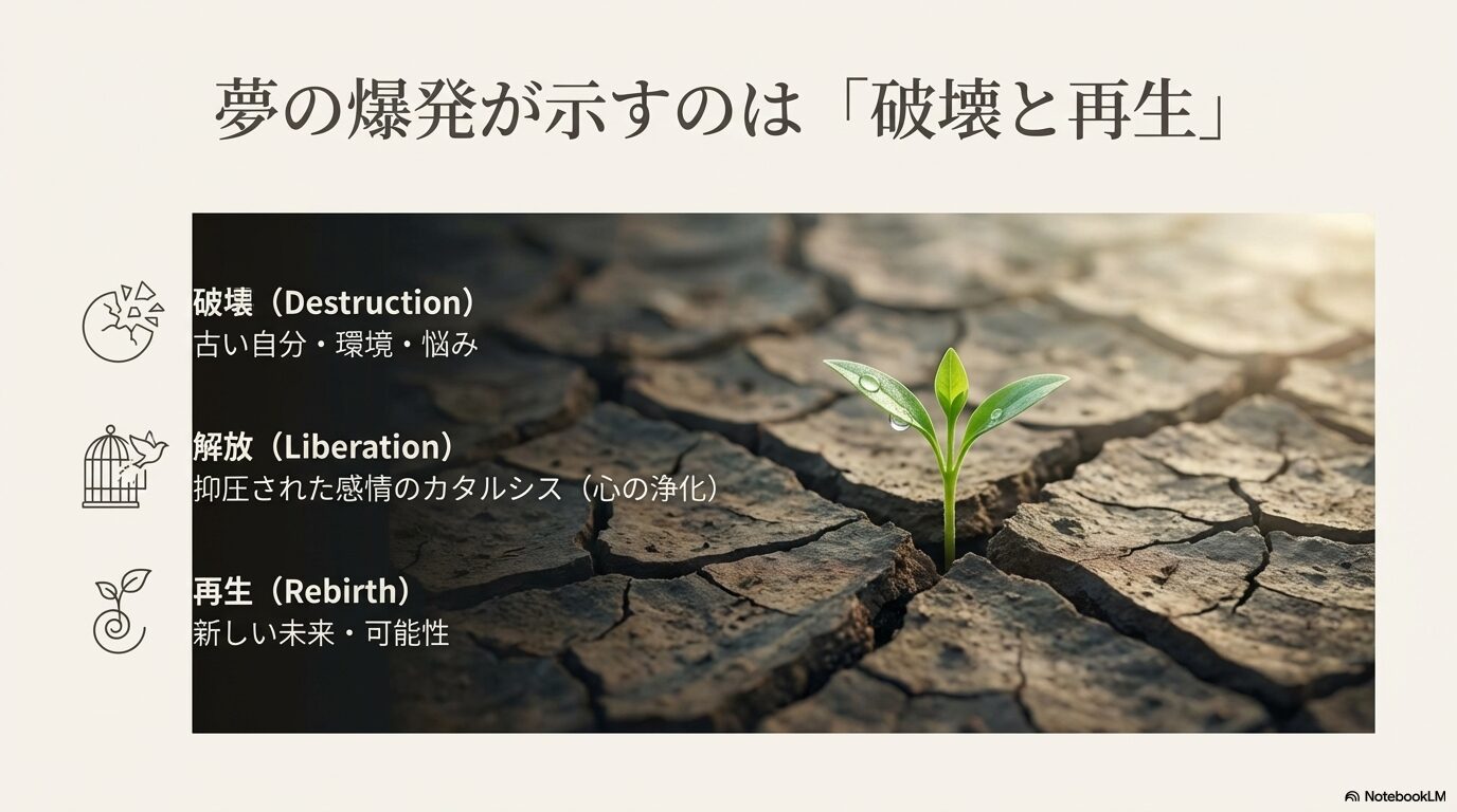 爆発の夢が示す「破壊（Destruction）」による古い環境の打破と、「解放（Liberation）」によるカタルシス、そして「再生（Rebirth）」による新しい未来への可能性を図解したスライド画像。