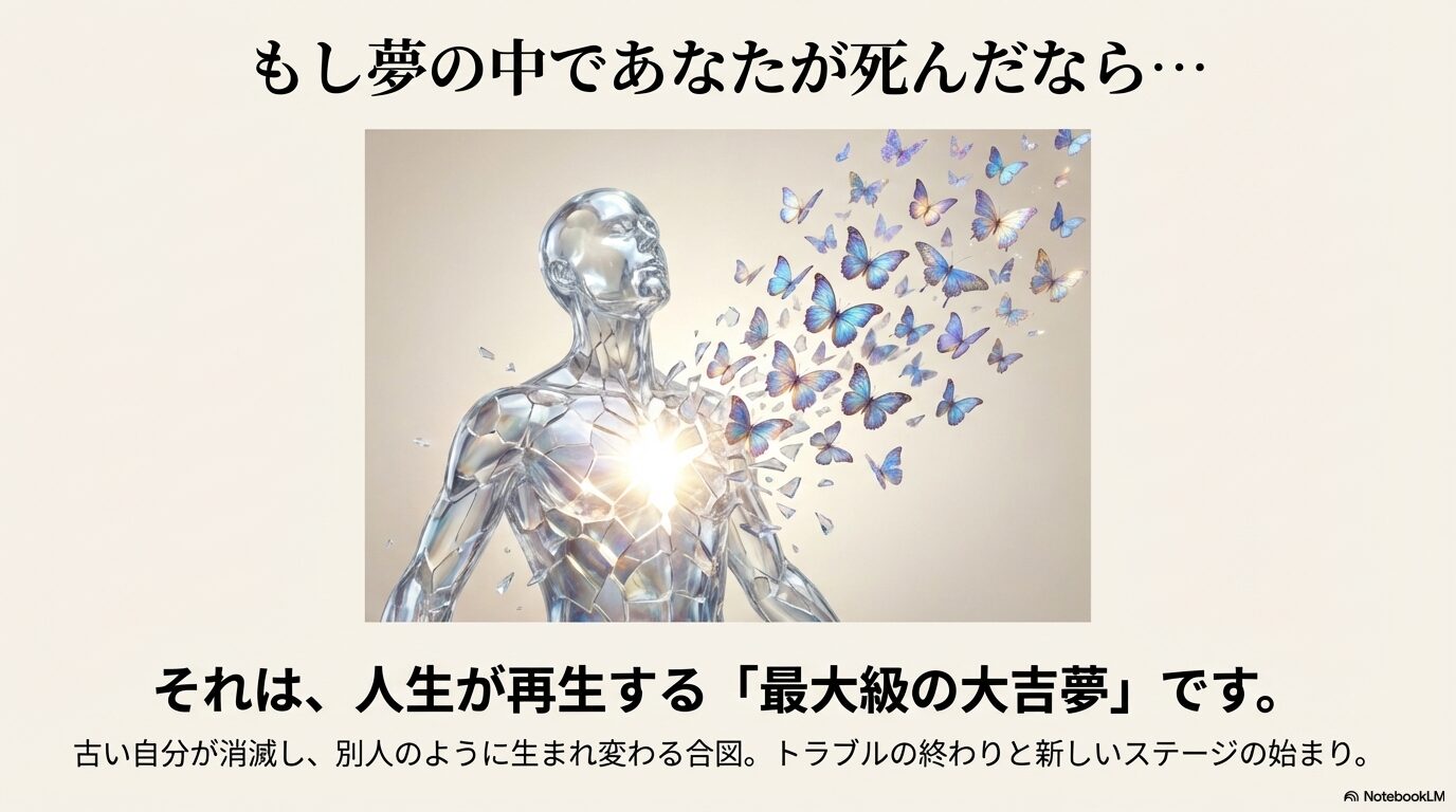 夢の中で自分が死ぬことは、人生が再生する「最大級の大吉夢」であり、古い自分が消滅して新しく生まれ変わる合図であることを説明するスライド画像。身体から蝶が飛び立つイメージ図。