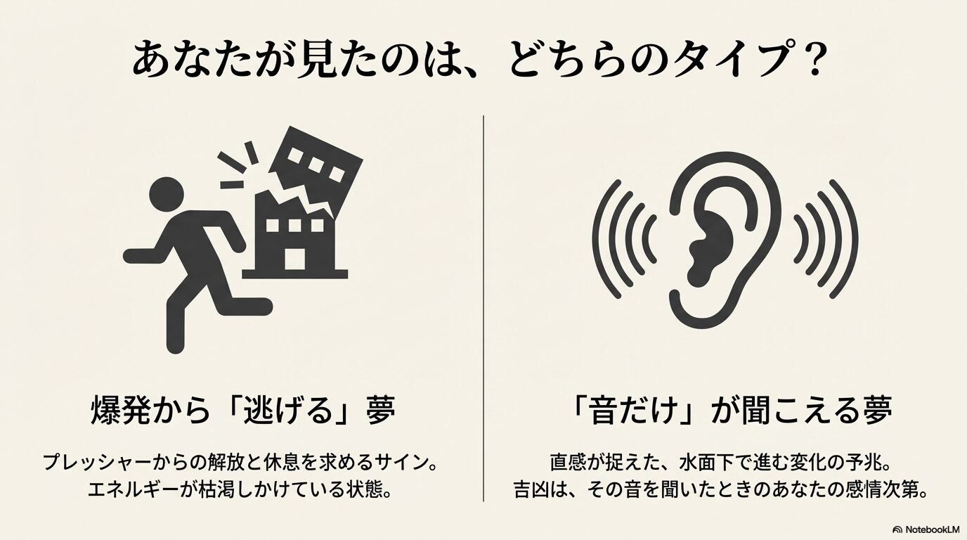 夢は時に「SOS」を伝え、心が限界に近いときに警告を発すること、それは悪い予言ではなく対策のためのヒントであることを説明するスライド画像。