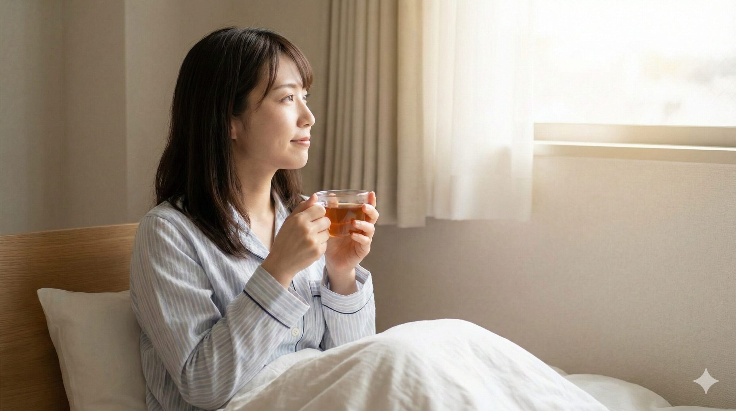 悪夢から目覚めた後、ベッドで温かいお茶を飲んで心を落ち着かせている日本人女性の様子。