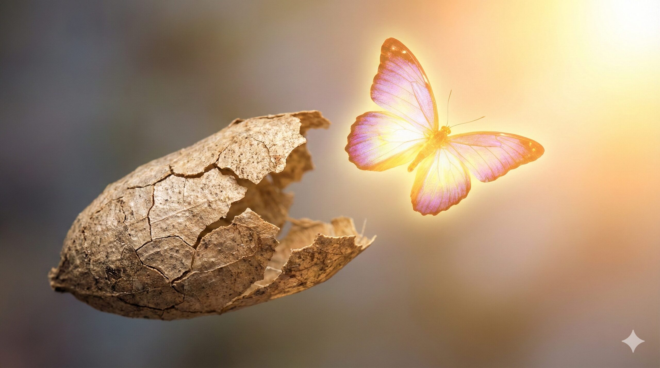 古い殻を破って新しい蝶が光の中へ飛び立つ様子。夢占いにおける「死」と「再生」、新しいスタートの象徴的なイメージ