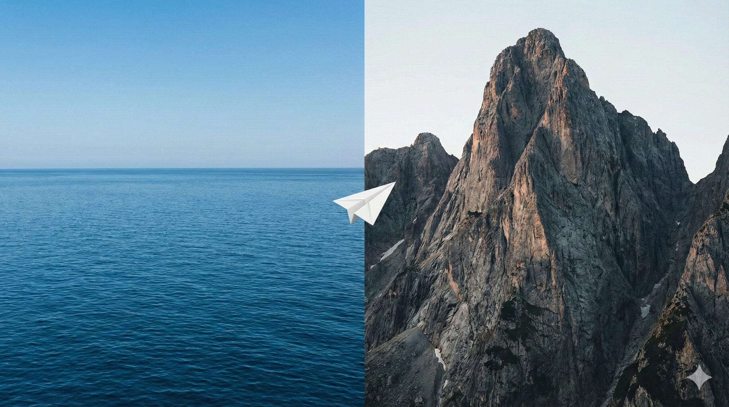 穏やかな海と険しい山の風景の対比。夢の中で飛行機が墜落する場所（水辺＝感情、山＝目標や障害）による深層心理の違いを示唆するイメージ。