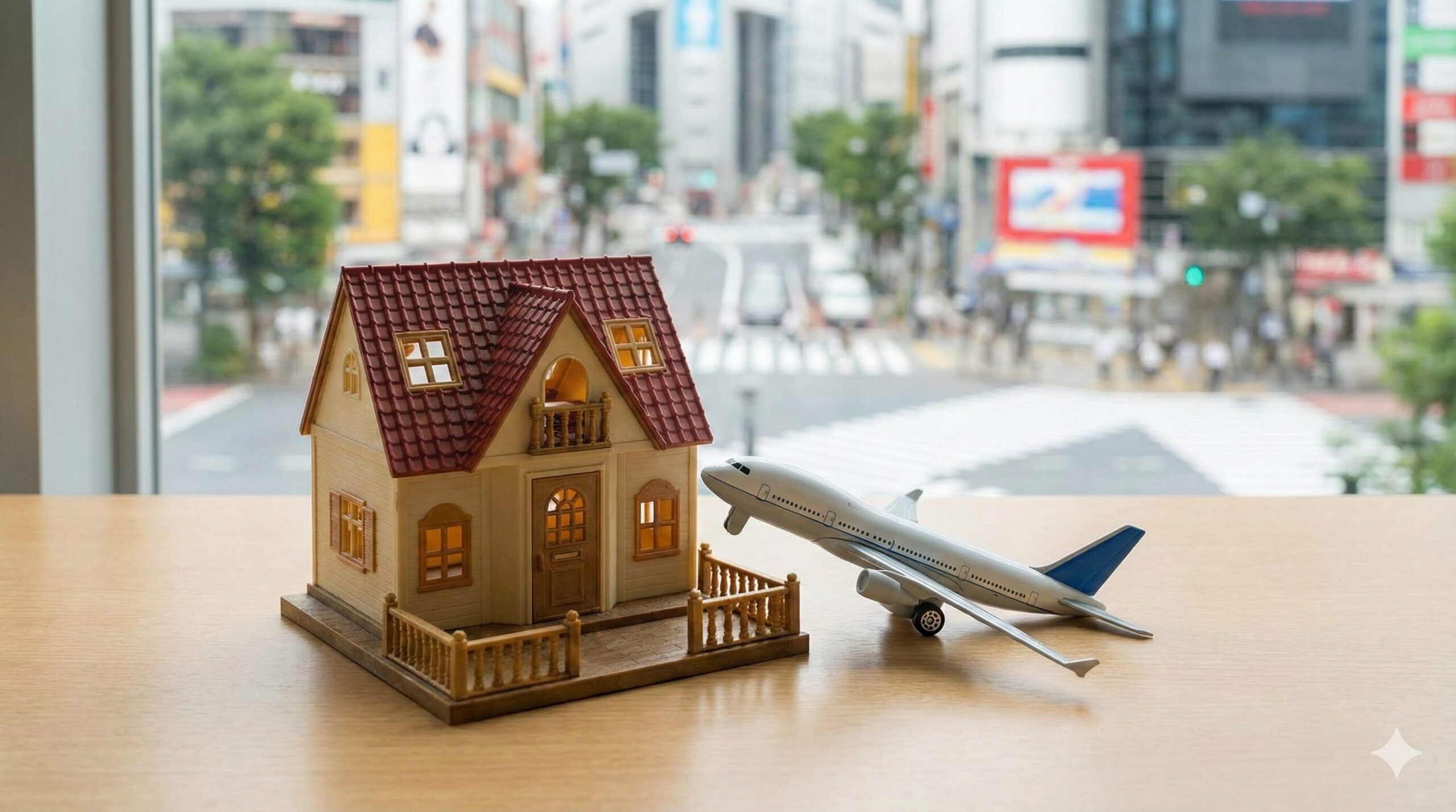 デスクの上に置かれた家の模型と、それに接近する飛行機のミニチュア。背景には都市の風景。生活の基盤である自宅やプライベート空間が脅かされる不安の象徴