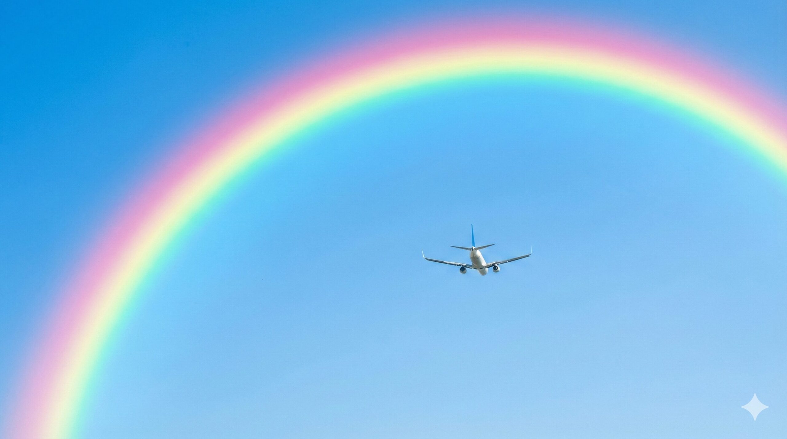 雨上がりの青空にかかる大きな虹と、その向こうを平穏に飛行する飛行機。怖い夢を乗り越えた先にある希望と幸運の訪れを象徴する風景。