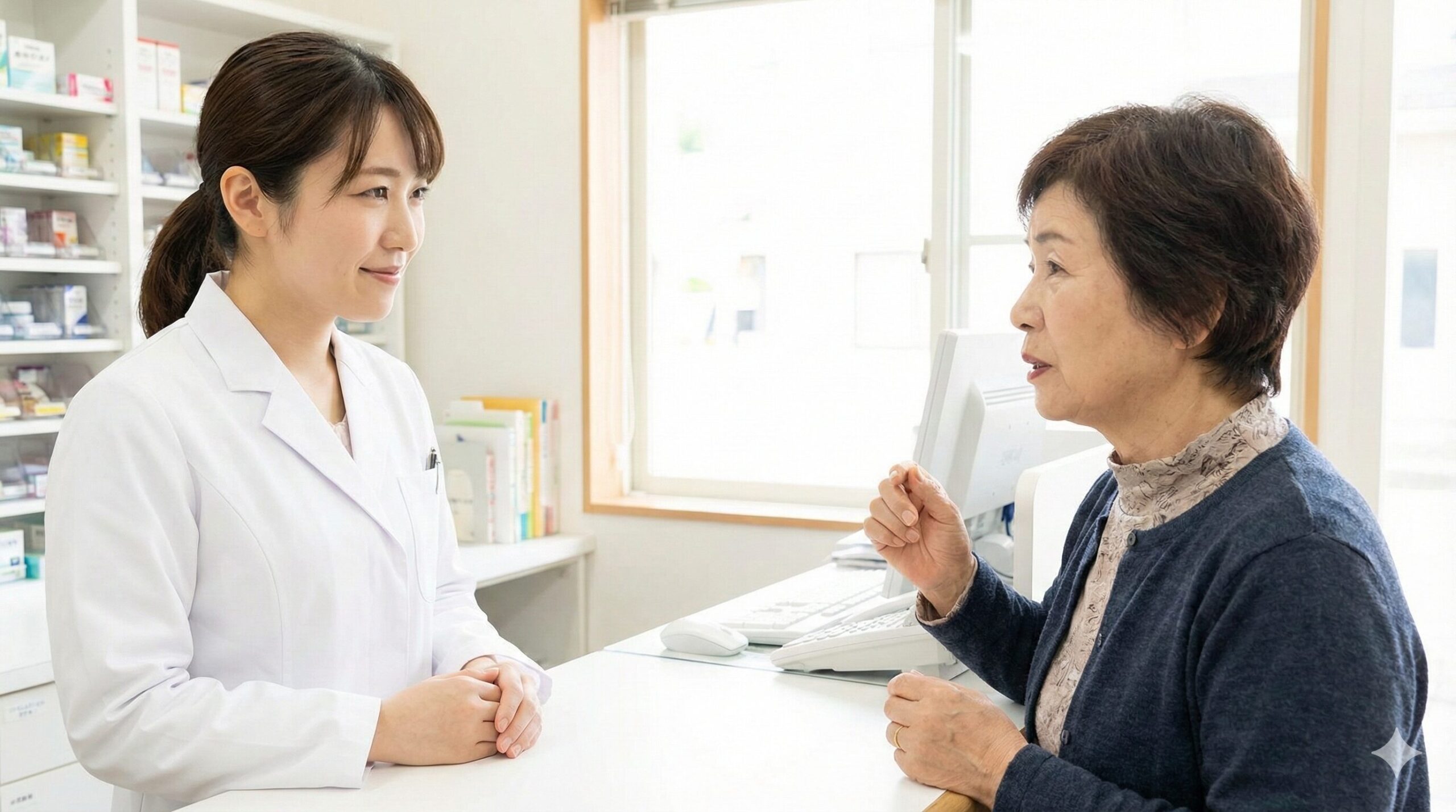 薬局の窓口で、女性薬剤師が患者の女性から夢の話を真剣に聞いている様子。